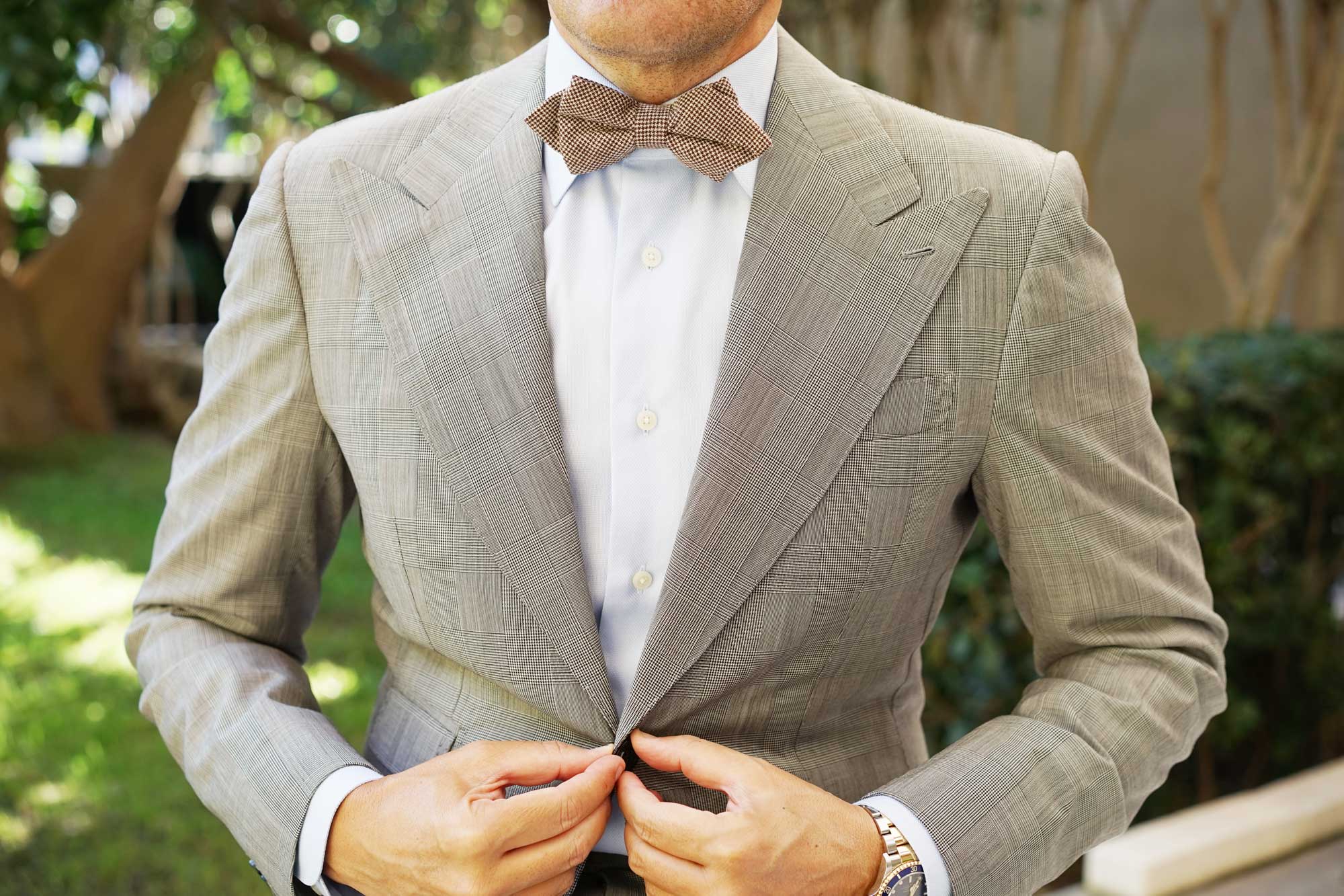 Brown Houndstooth Linen Diamond Bow Tie - Image 3