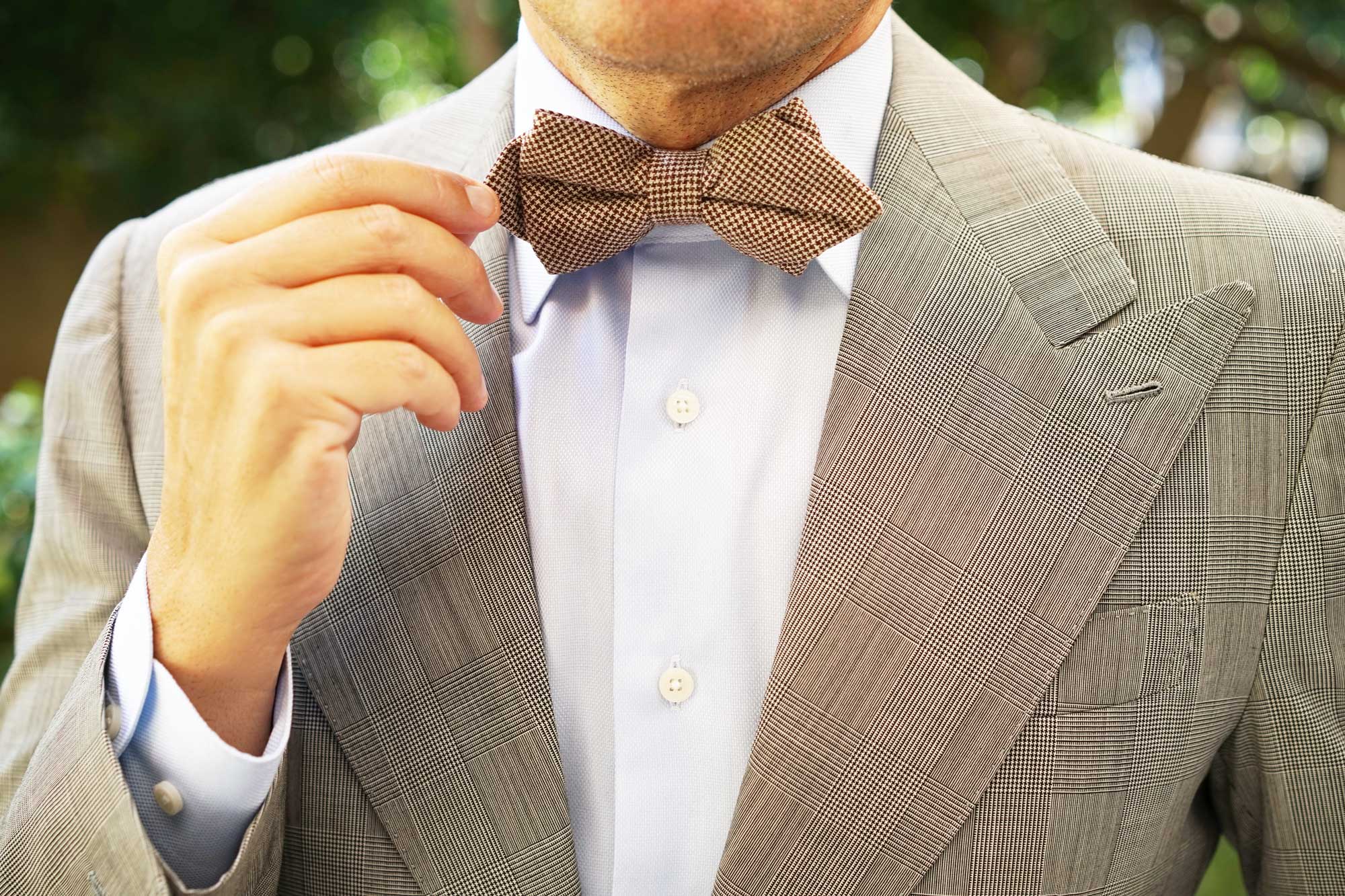 Brown Houndstooth Linen Diamond Bow Tie - Image 6