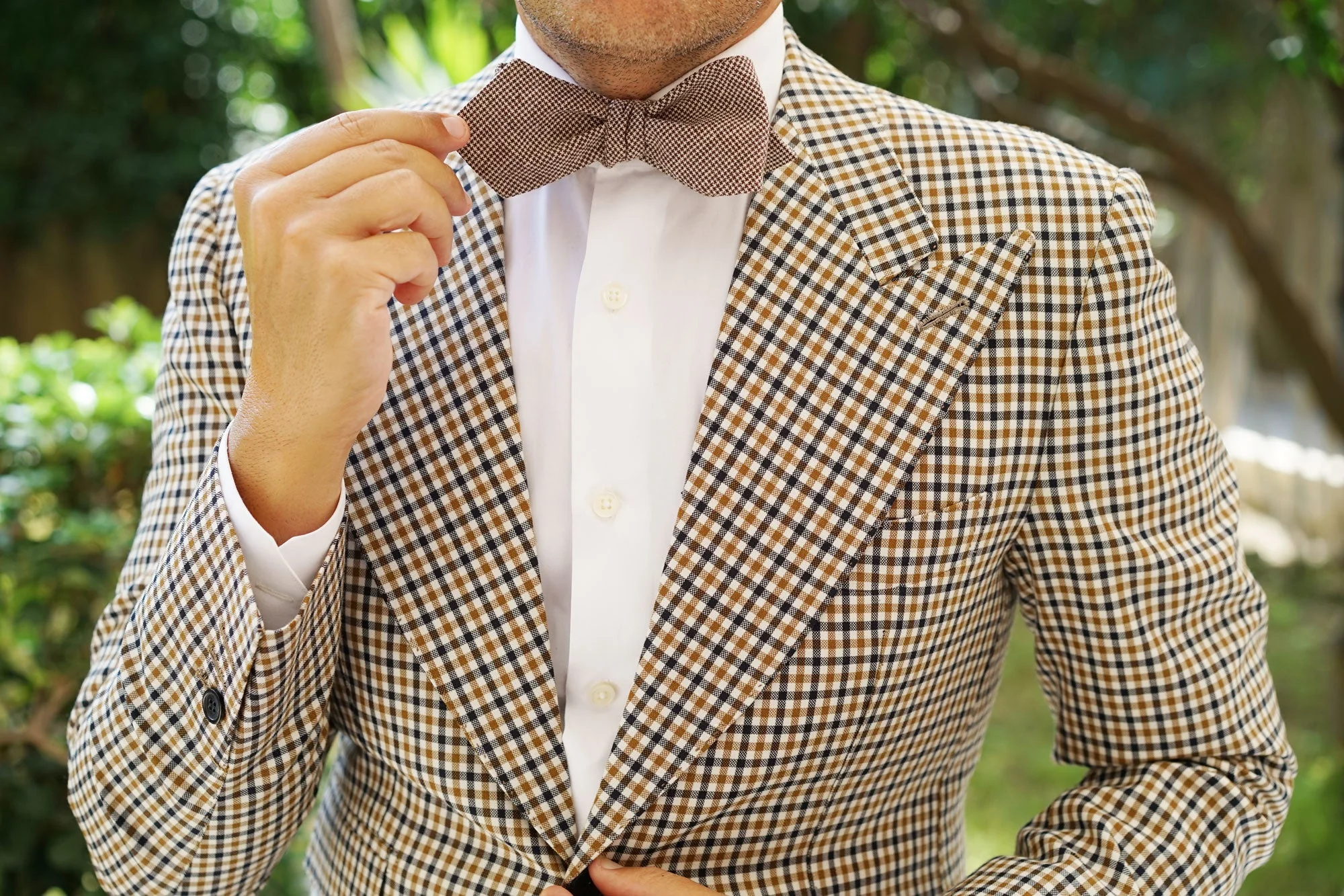 Brown Houndstooth Linen Self Tie Diamond Tip Bow Tie - Image 10