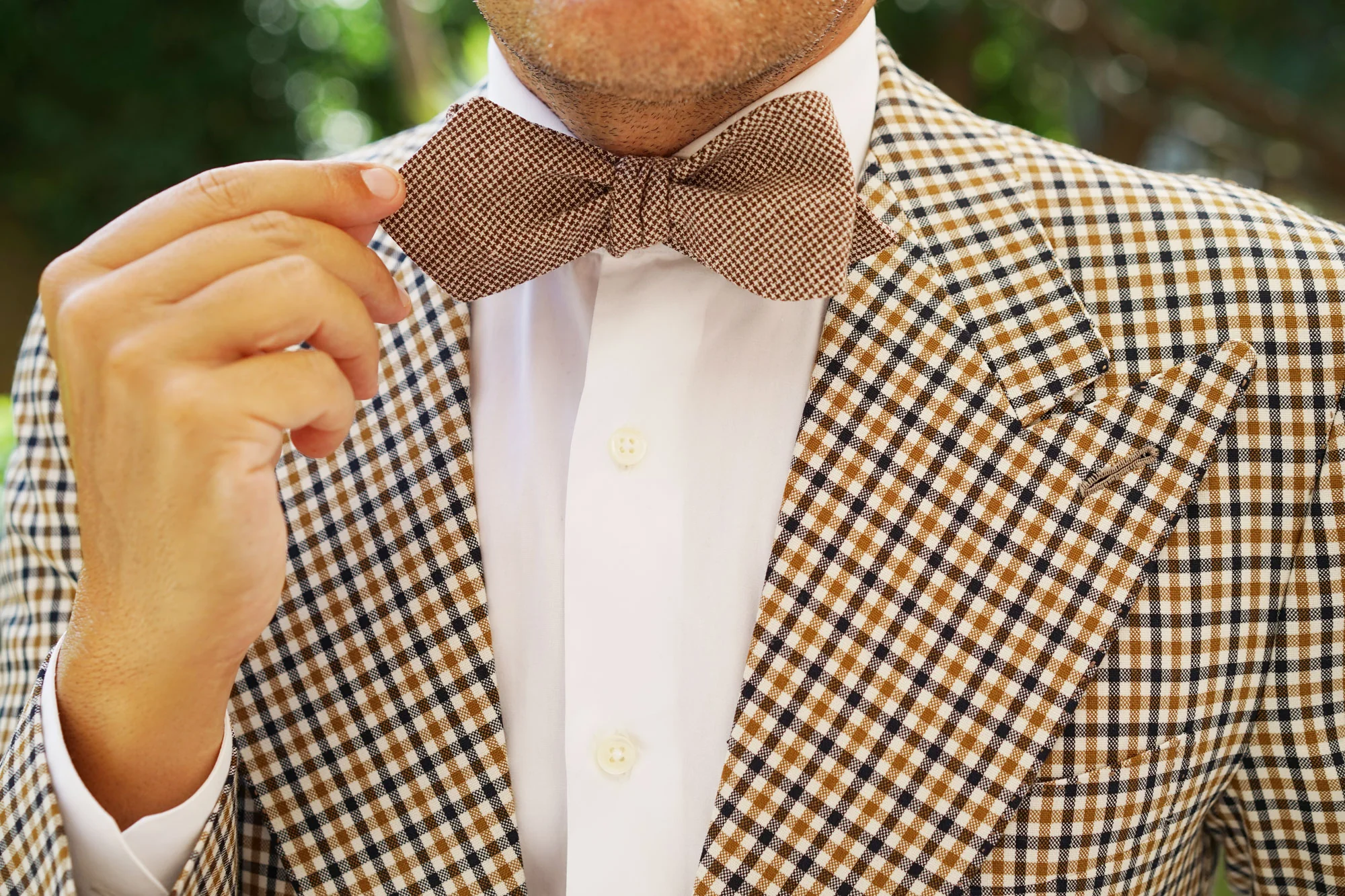 Brown Houndstooth Linen Self Tie Diamond Tip Bow Tie - Image 12