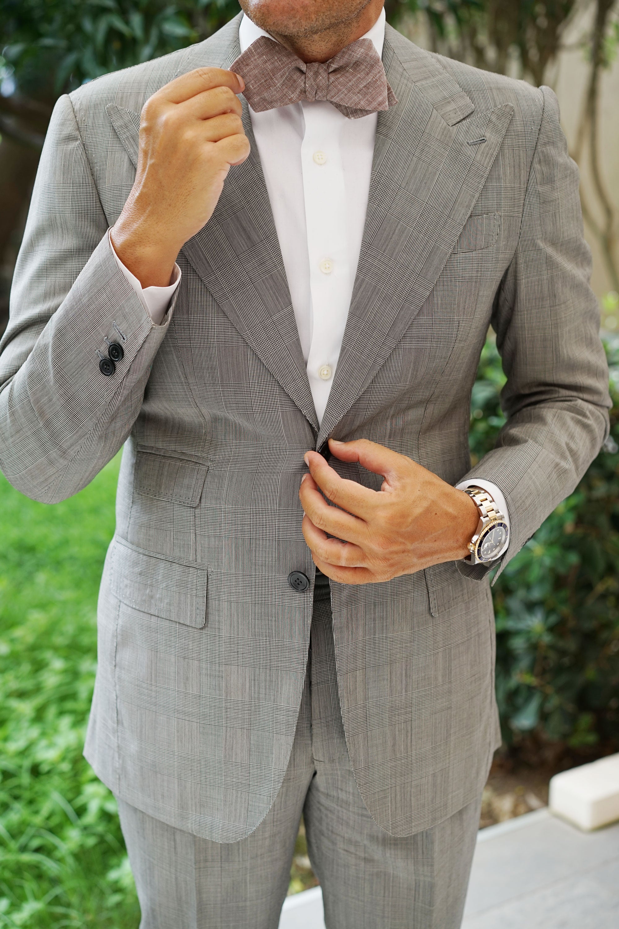 Brown Linen Chambray Self Tie Diamond Bow Tie - Image 4