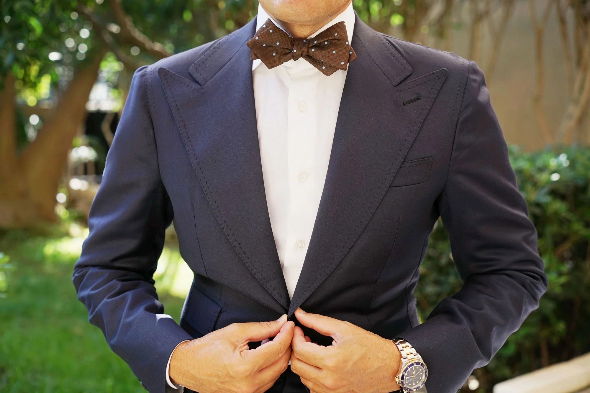 Brown on Blue Polkadot Diamond Self Bow Tie - Image 4