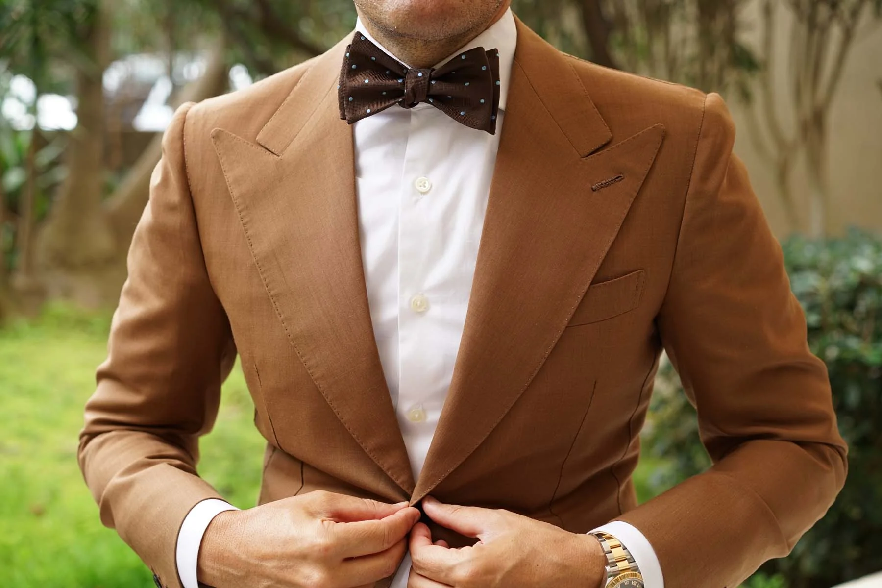 Brown on Blue Polkadot Self Bow Tie - Image 4