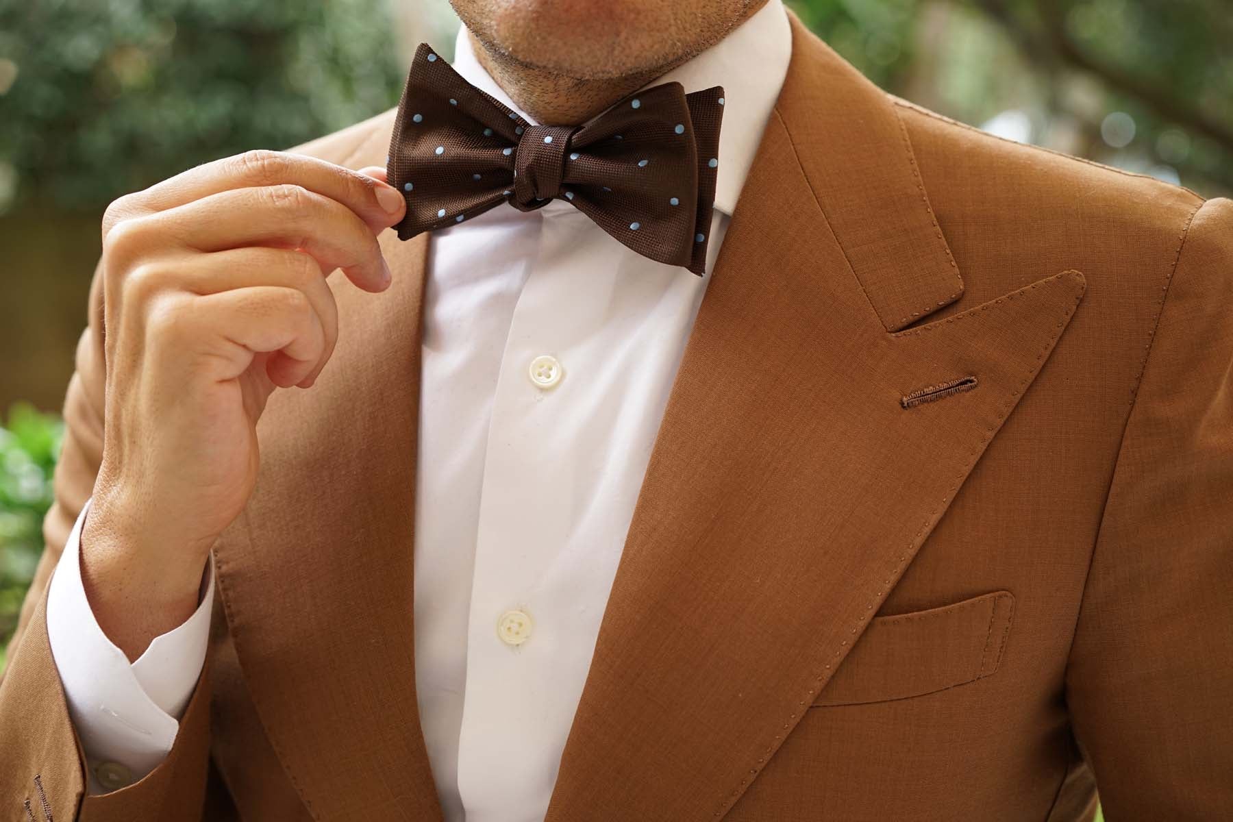 Brown on Blue Polkadot Self Bow Tie - Image 7