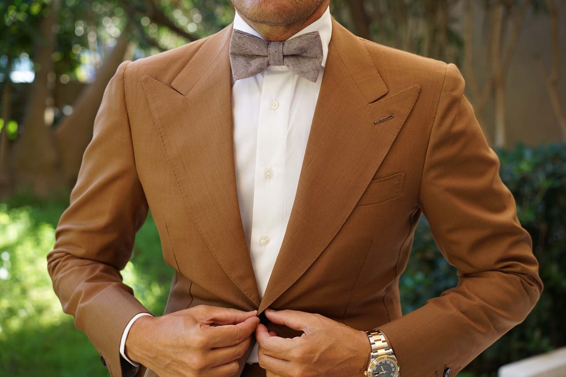 Brown & White Twill Stripe Linen Bow Tie - Image 6