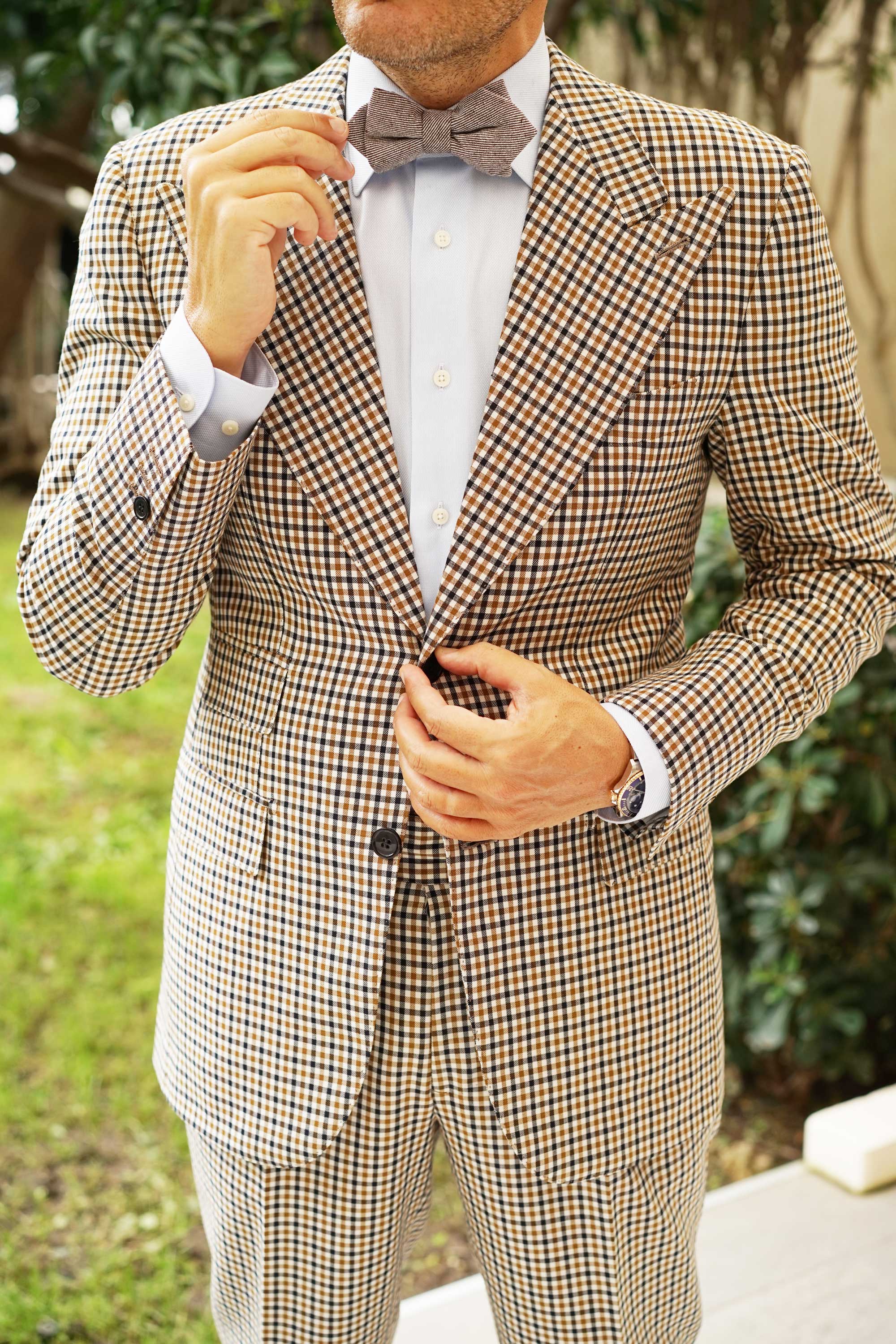 Brown & White Twill Stripe Linen Diamond Bow Tie - Image 3