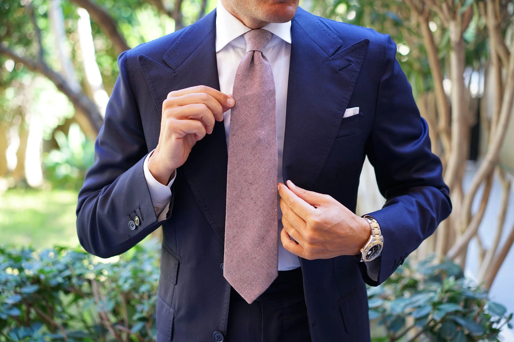 Brown & White Twill Stripe Linen Necktie - Image 13