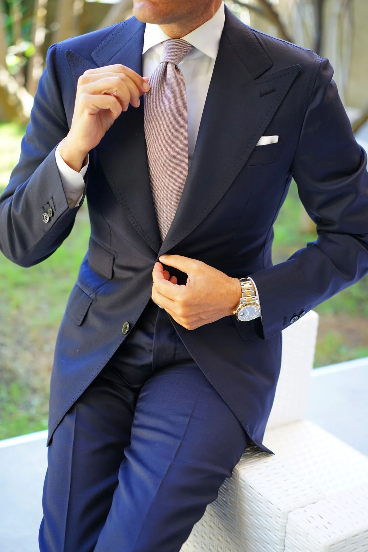 Brown & White Twill Stripe Linen Necktie - Image 14