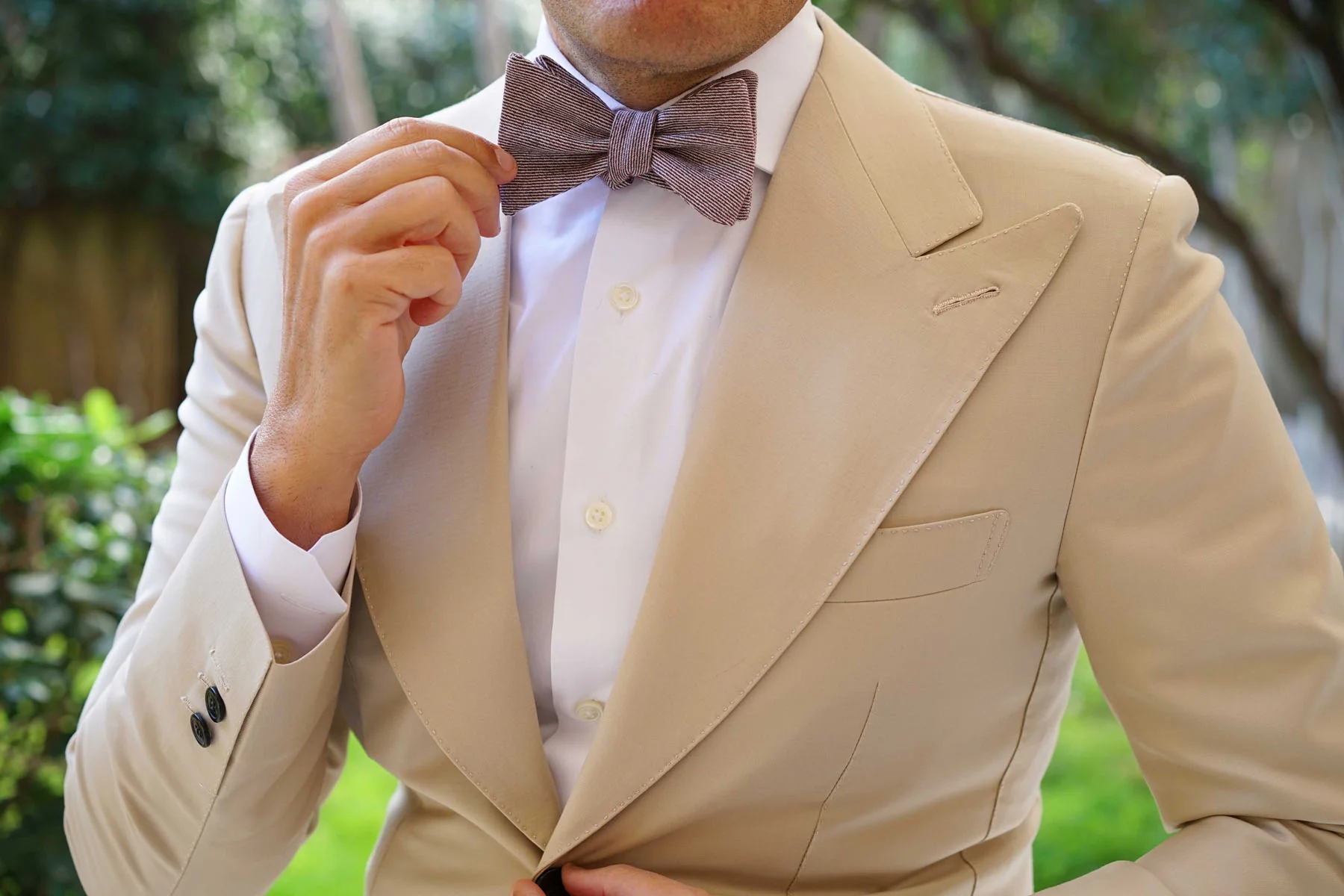 Brown & White Twill Stripe Linen Self Tie Bow Tie - Image 10