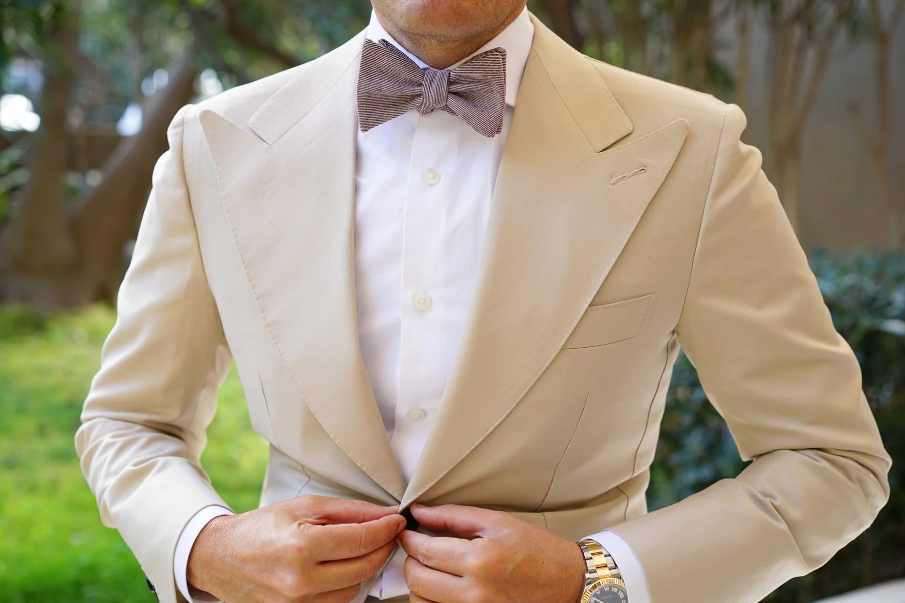 Brown & White Twill Stripe Linen Self Tie Bow Tie - Image 6