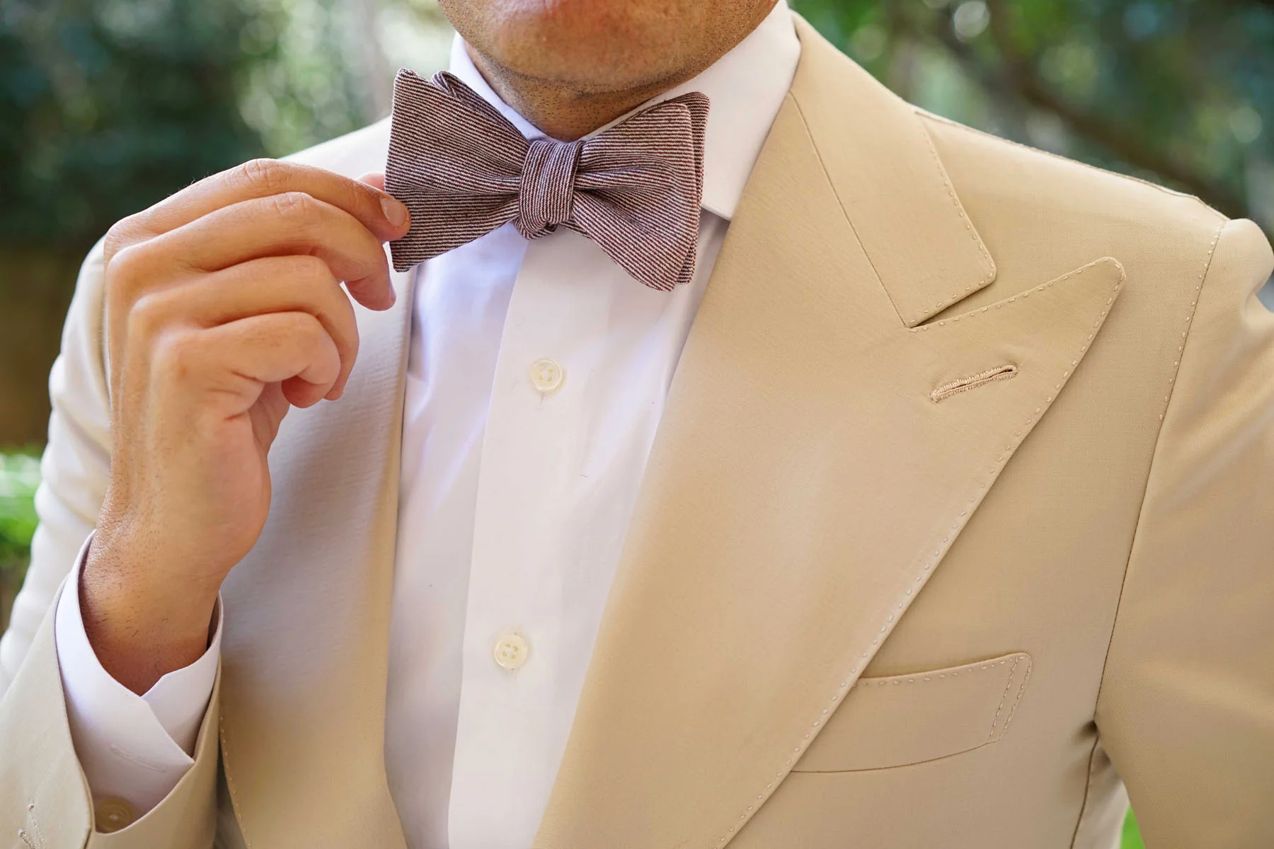 Brown & White Twill Stripe Linen Self Tie Bow Tie - Image 8