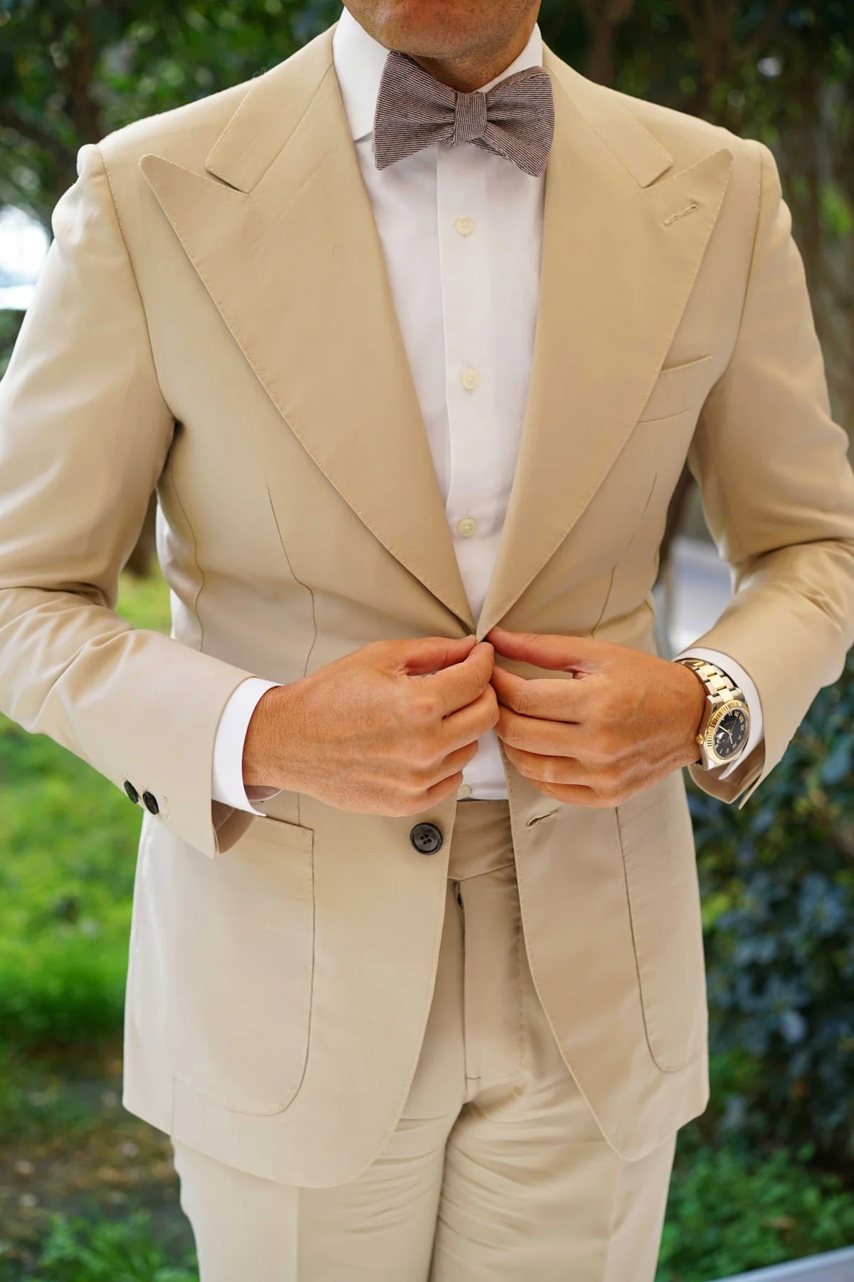 Brown & White Twill Stripe Linen Self Tie Bow Tie - Image 9