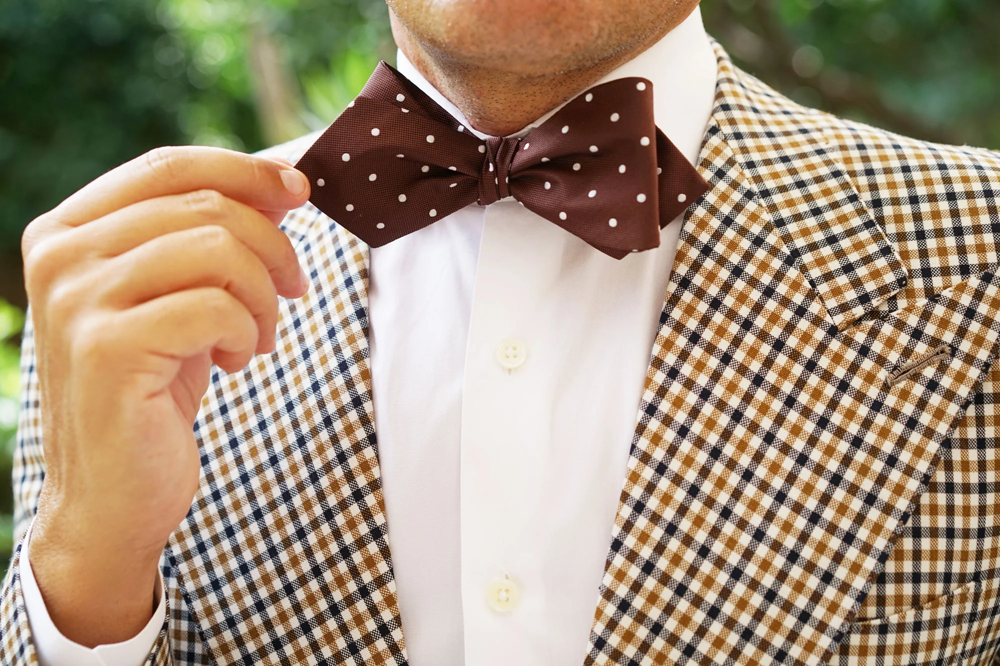 Brown with White Polka Dots Self Tie Diamond Tip Bow Tie - Image 10