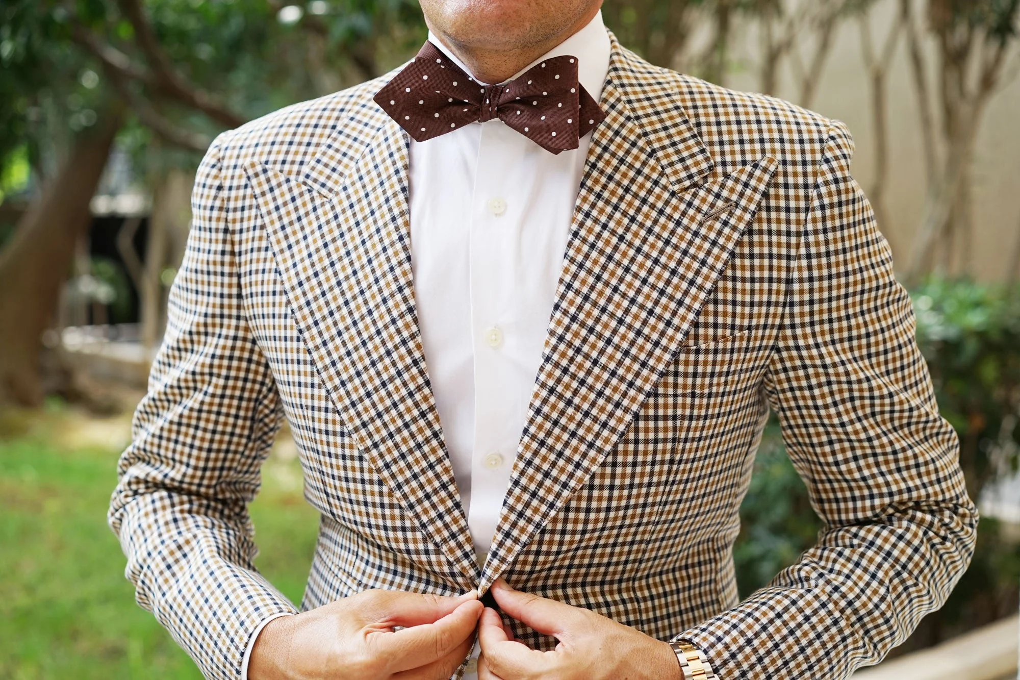 Brown with White Polka Dots Self Tie Diamond Tip Bow Tie - Image 6
