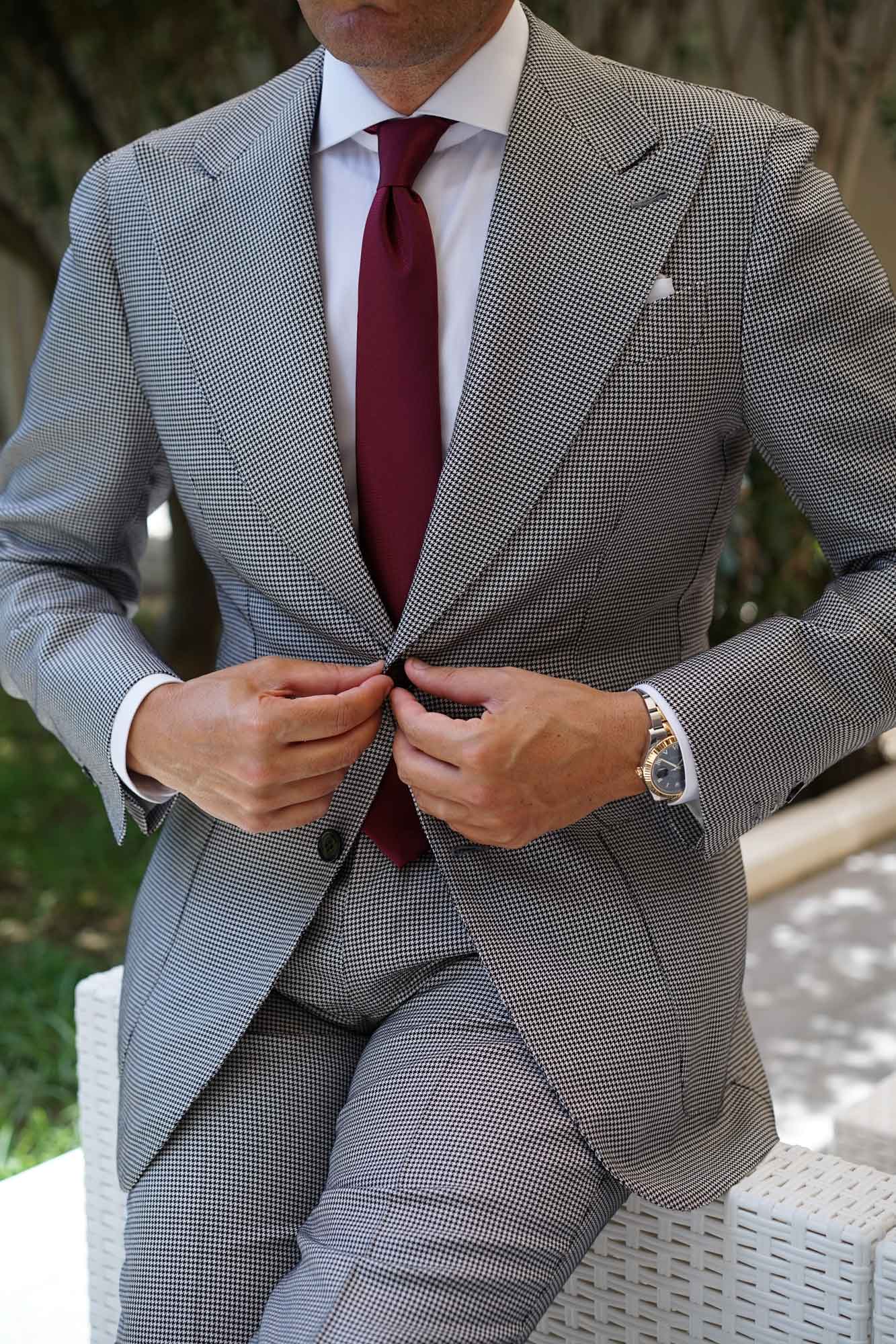 Burgundy Basket Weave Skinny Tie - Image 7