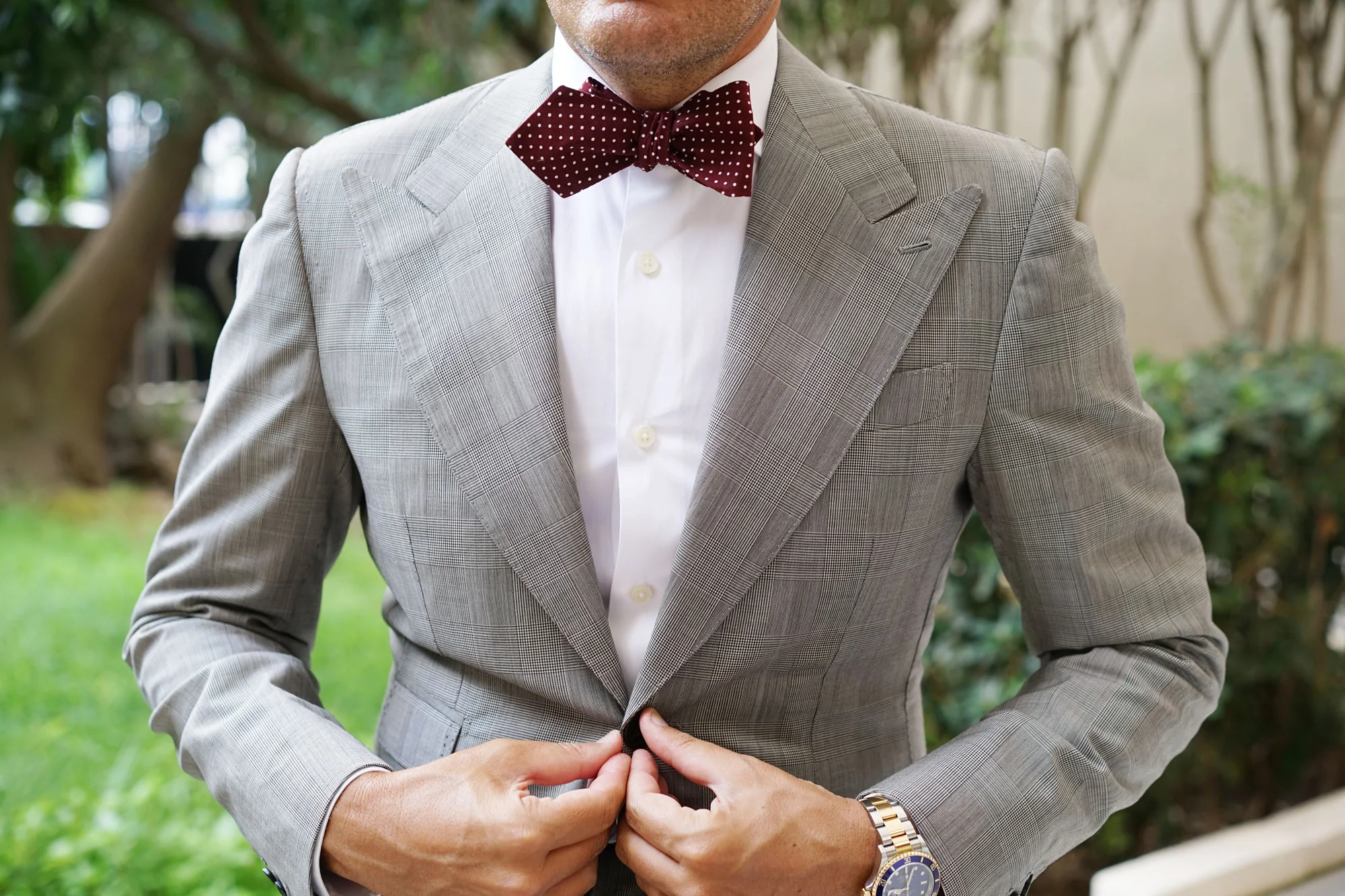 Burgundy Cotton Polkadot Diamond Self Bow Tie - Image 4