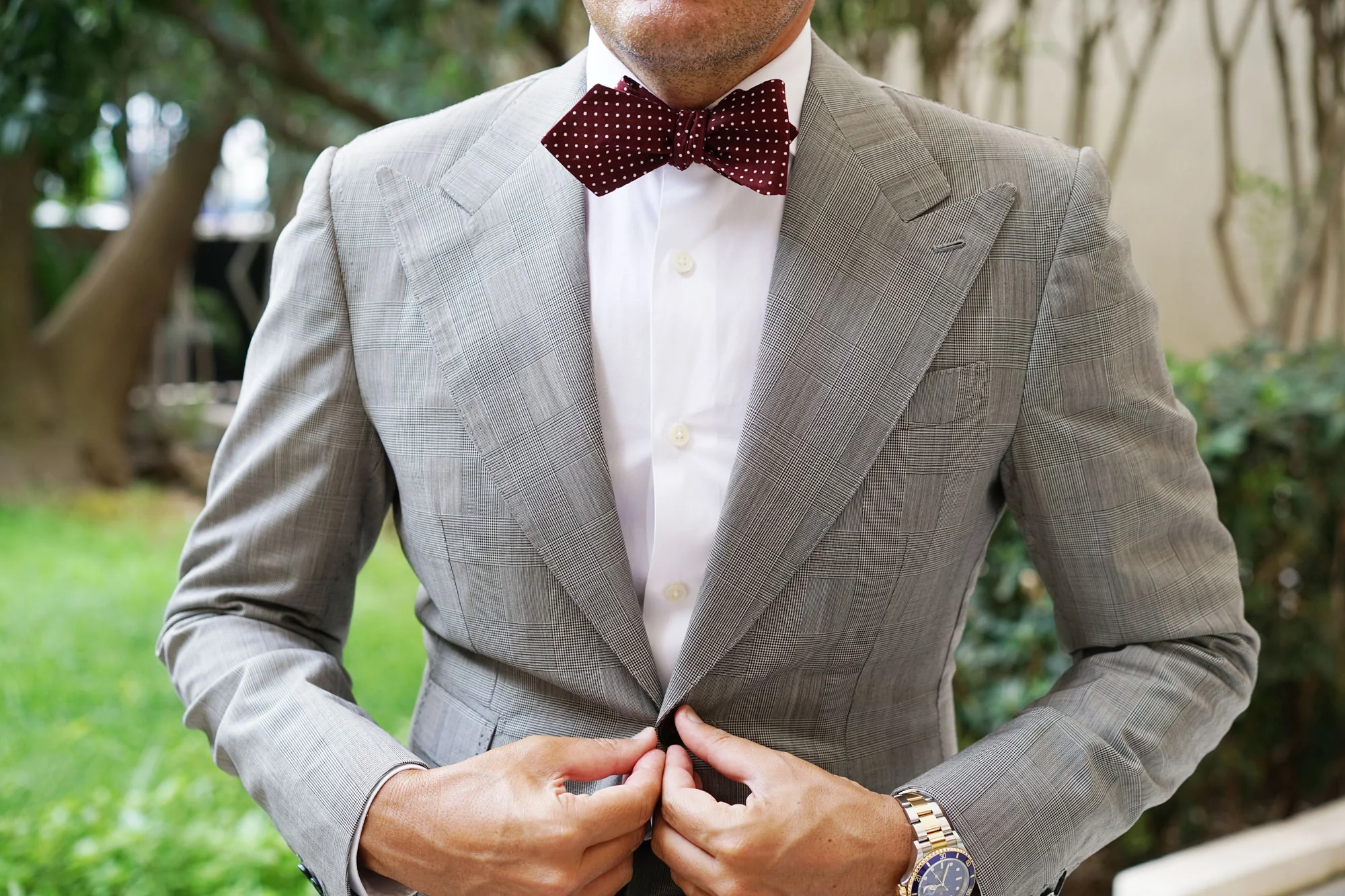 Burgundy Cotton Polkadot Diamond Self Bow Tie - Image 7