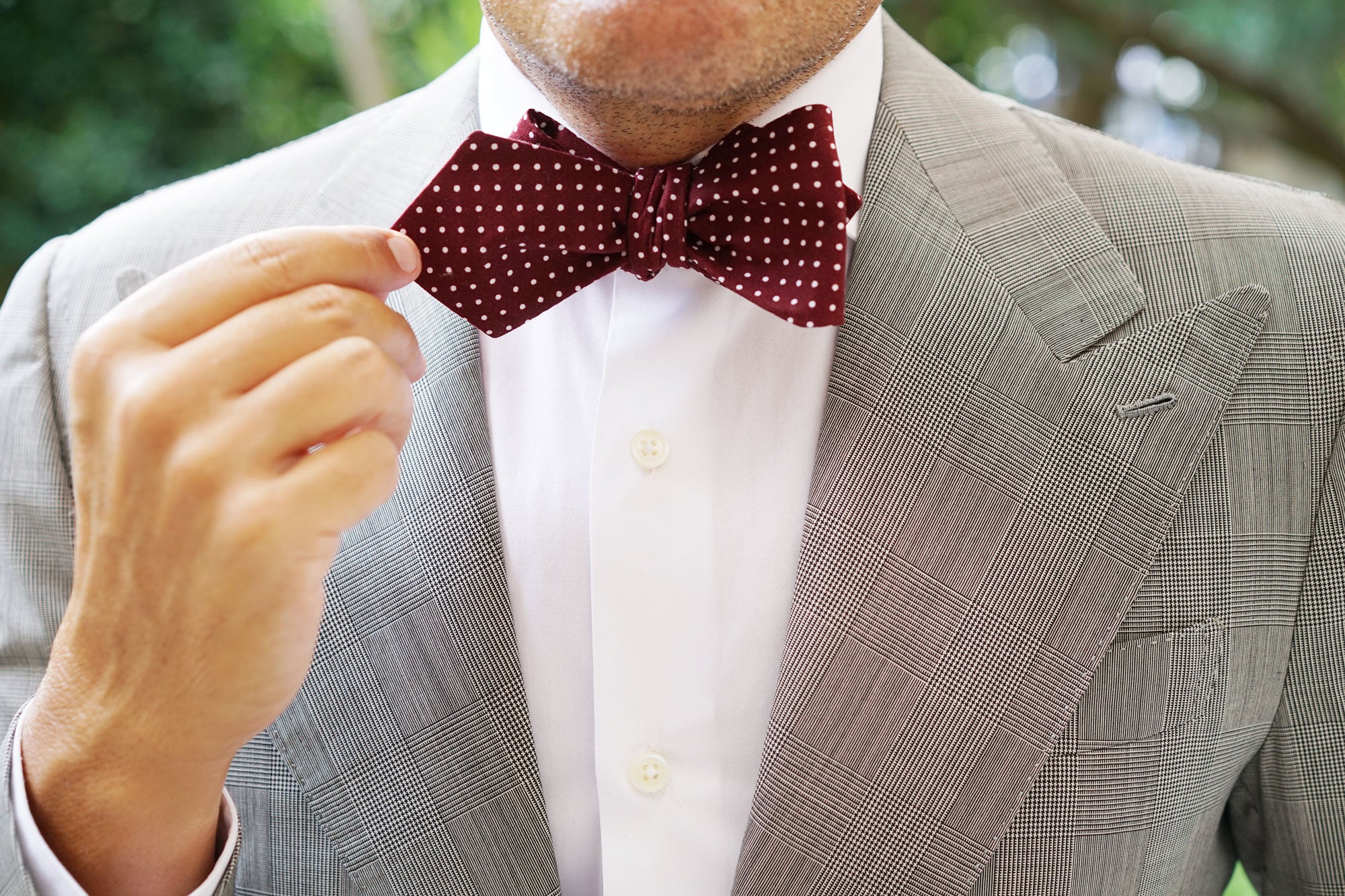 Burgundy Cotton Polkadot Diamond Self Bow Tie - Image 9