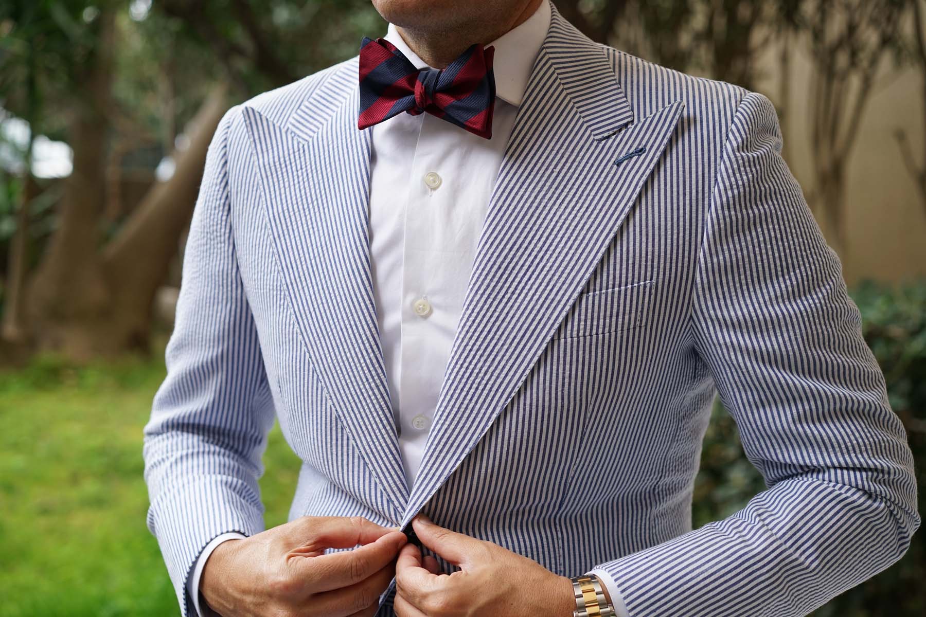 Burgundy & Navy Blue Stripes Self Bow Tie - Image 11