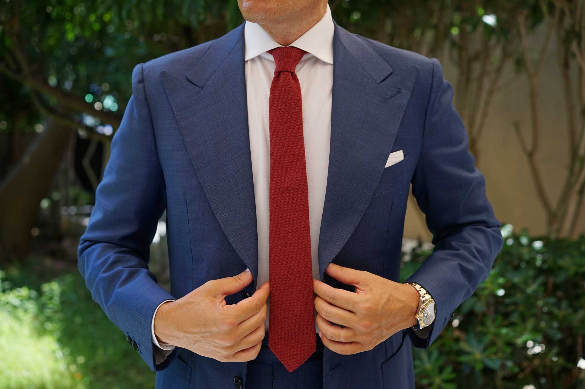 Burnt Burgundy Basket Weave Linen Skinny Tie - Image 10