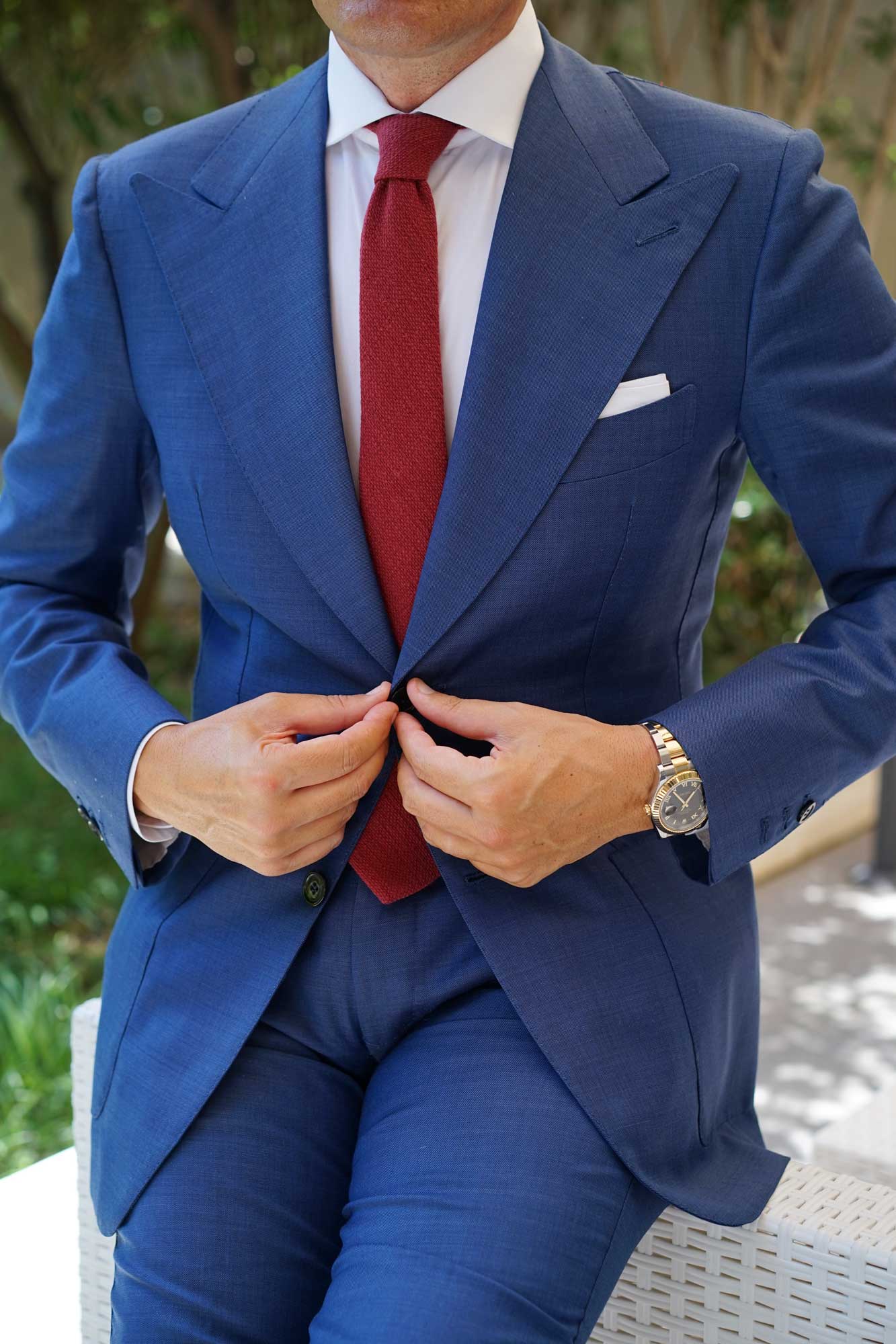 Burnt Burgundy Basket Weave Linen Skinny Tie - Image 8