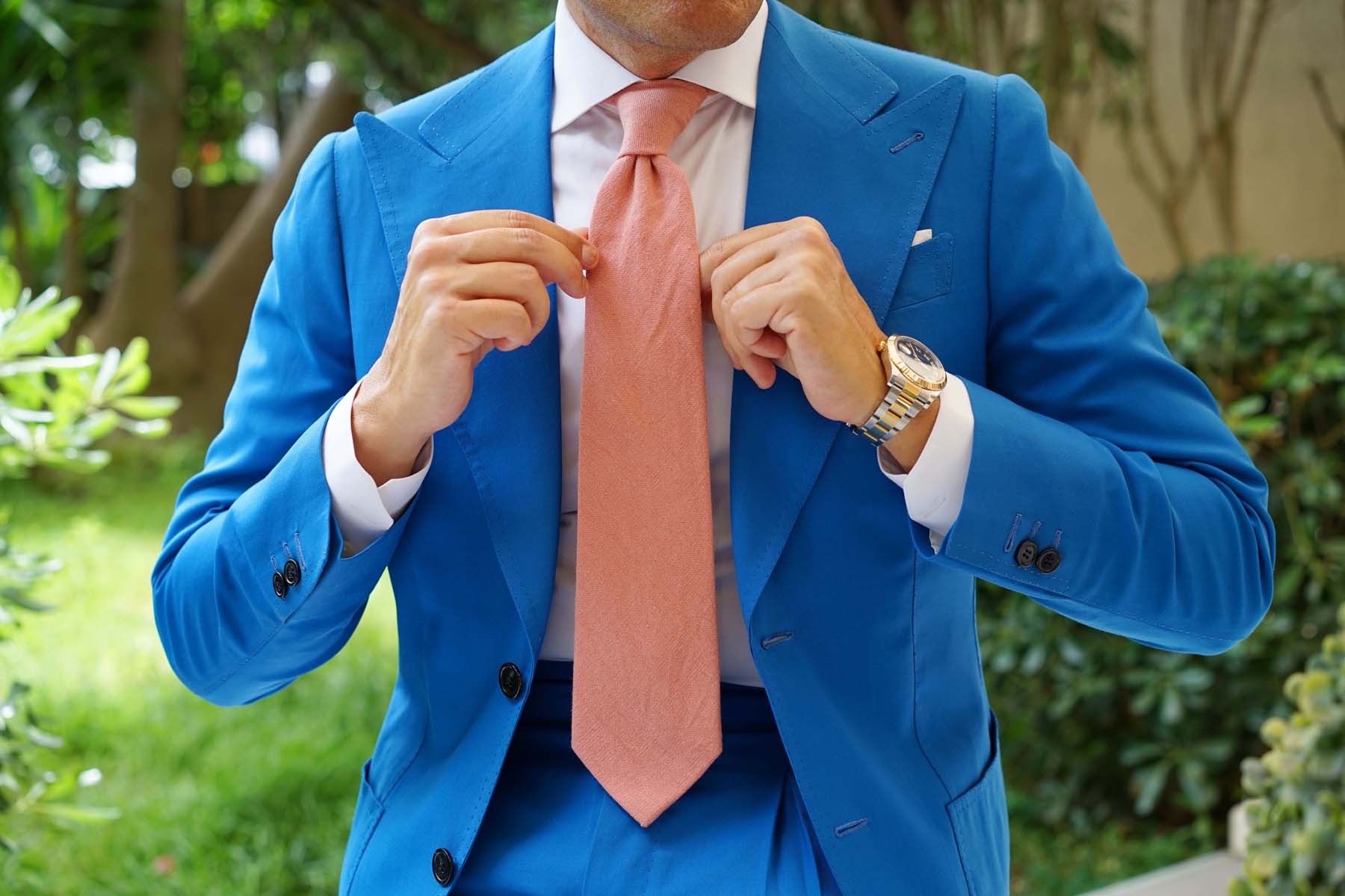 Burnt Coral Sunset Pink Chenille Linen Necktie - Image 6