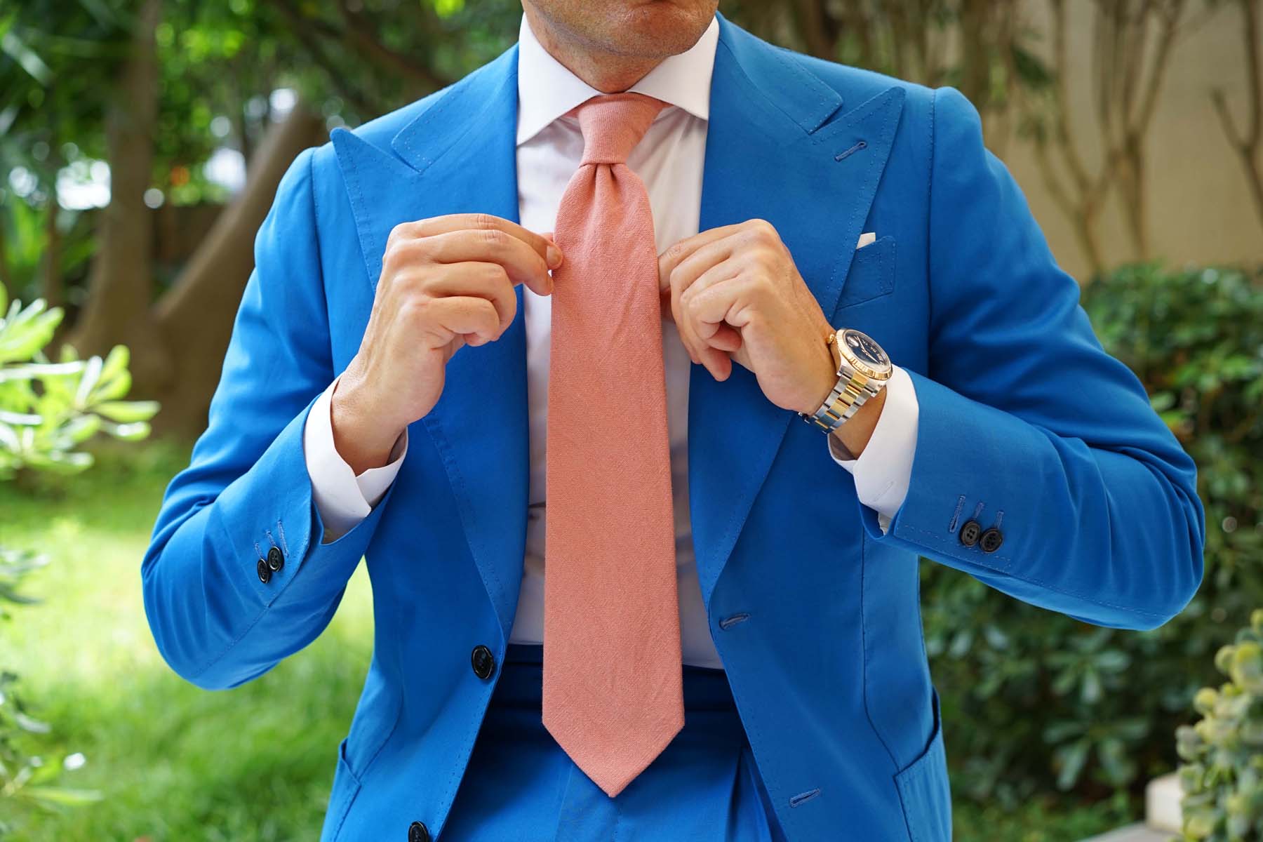 Burnt Coral Sunset Pink Chenille Linen Necktie - Image 8