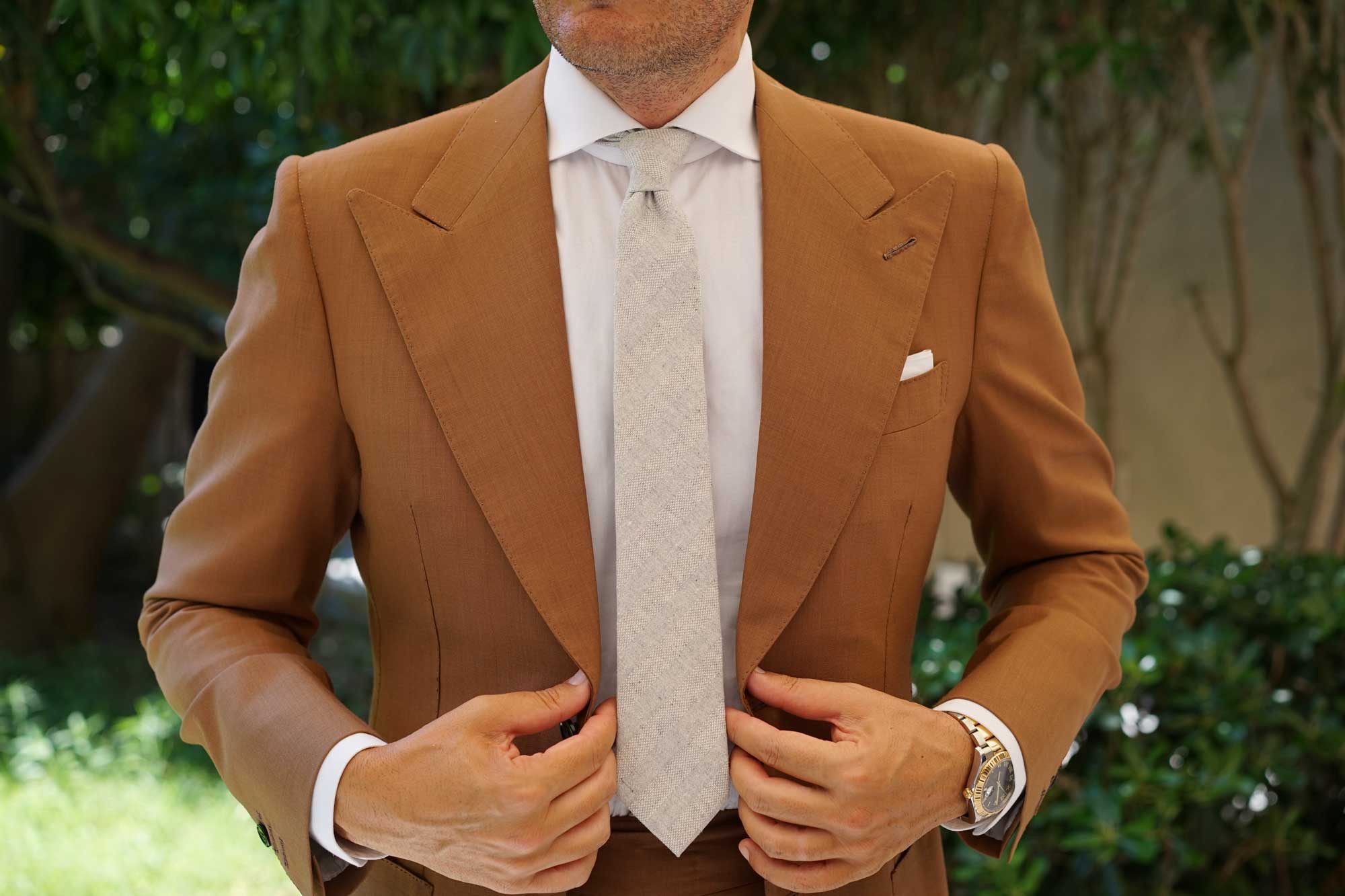 Capri Grey Tweed Striped Linen Skinny Tie - Image 8