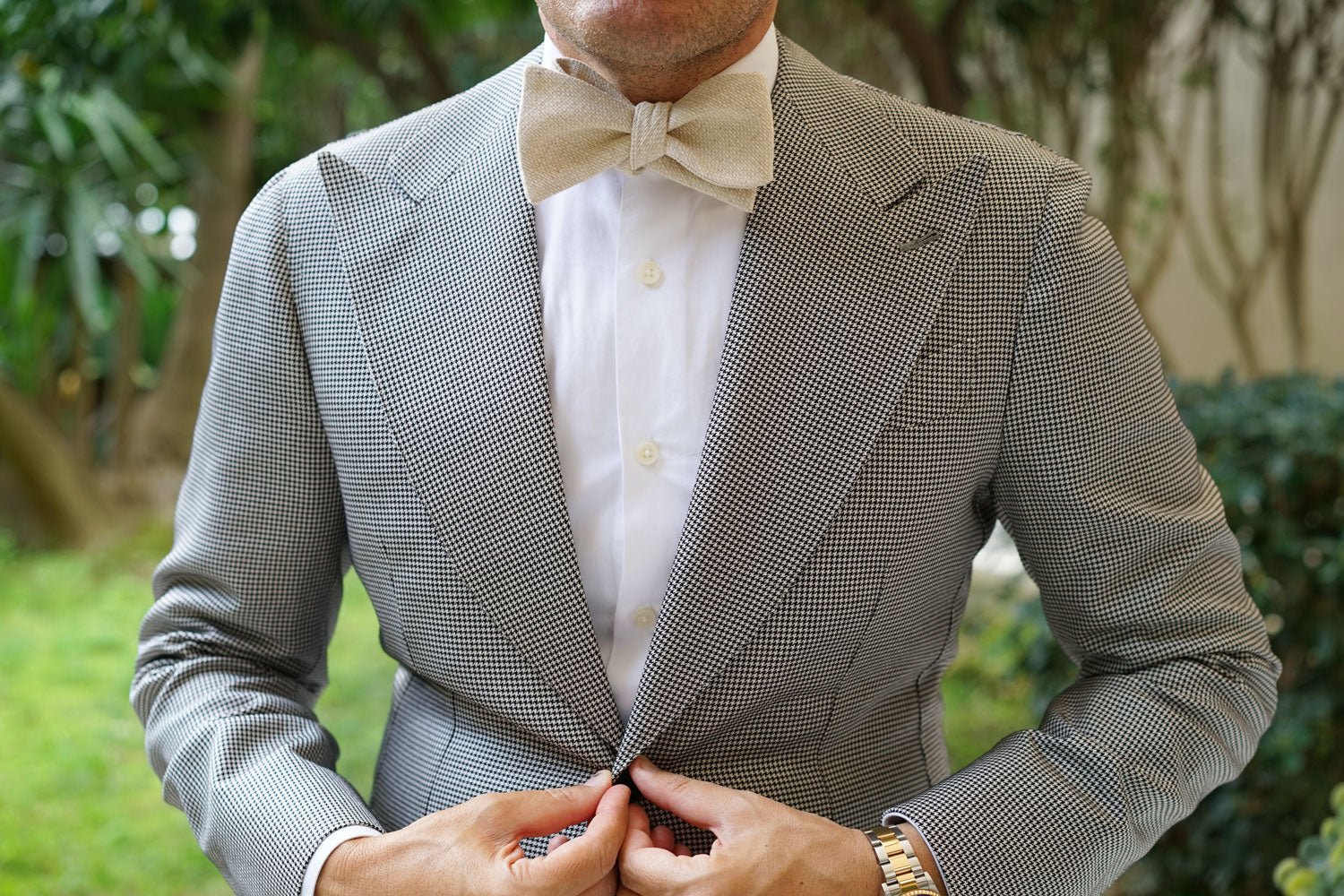 Champagne Basket Weave Linen Self Bow Tie - Image 4