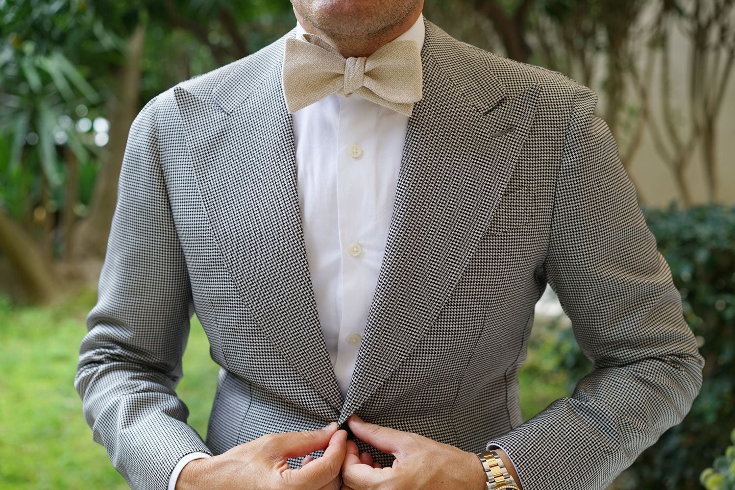 Champagne Basket Weave Linen Self Bow Tie - Image 8