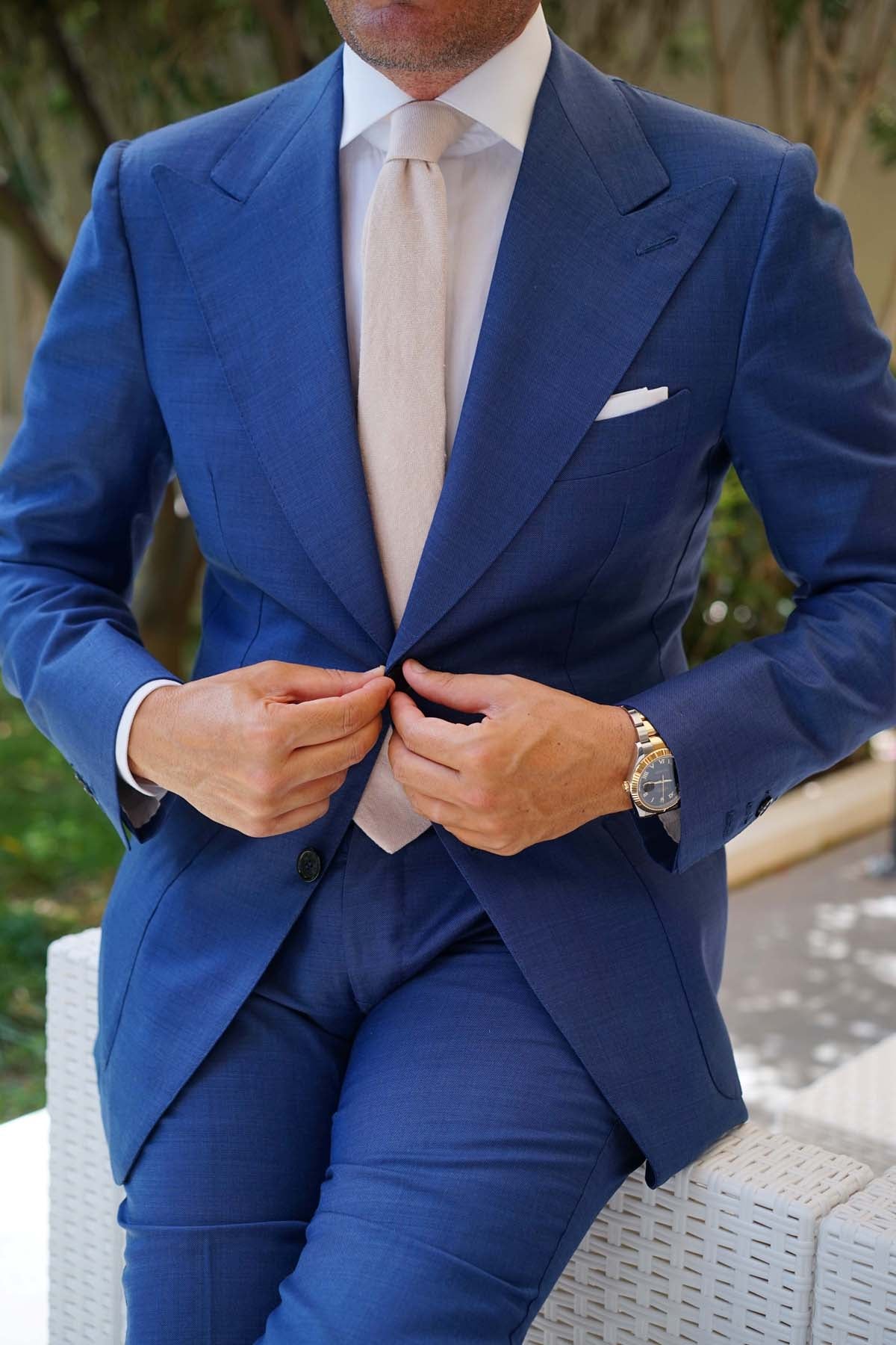 Champagne Beige Linen Skinny Tie - Image 10