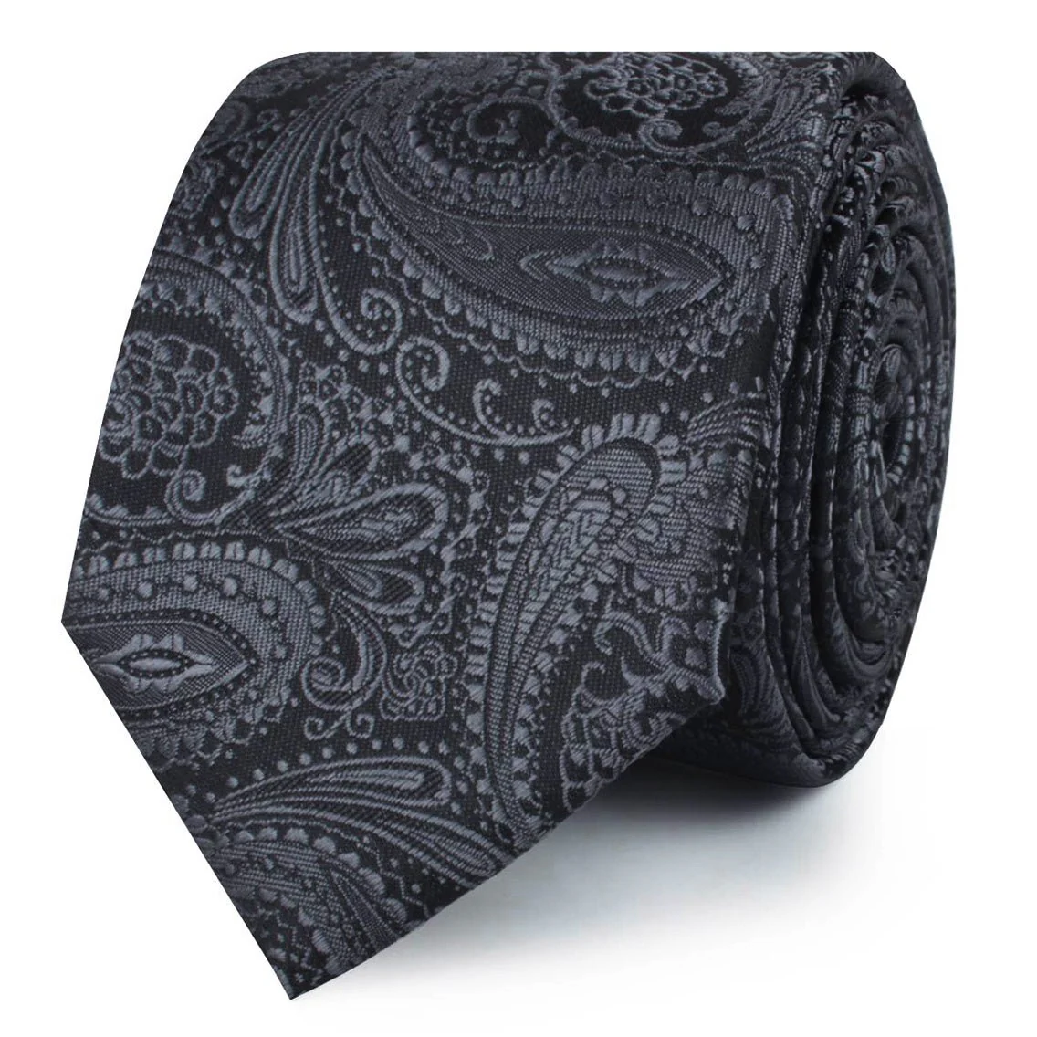 Charcoal Grey Paisley Skinny Tie - Image 2
