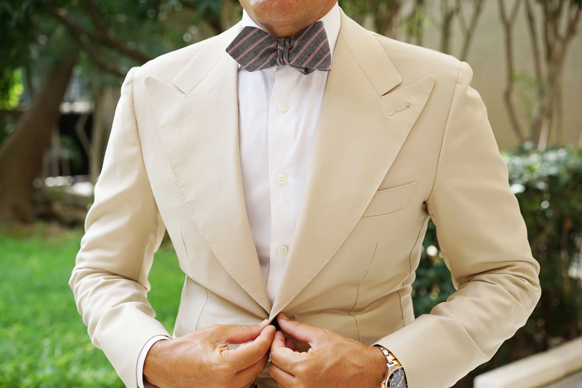Cherry Red Pinstripe Diamond Self Bow Tie - Image 4