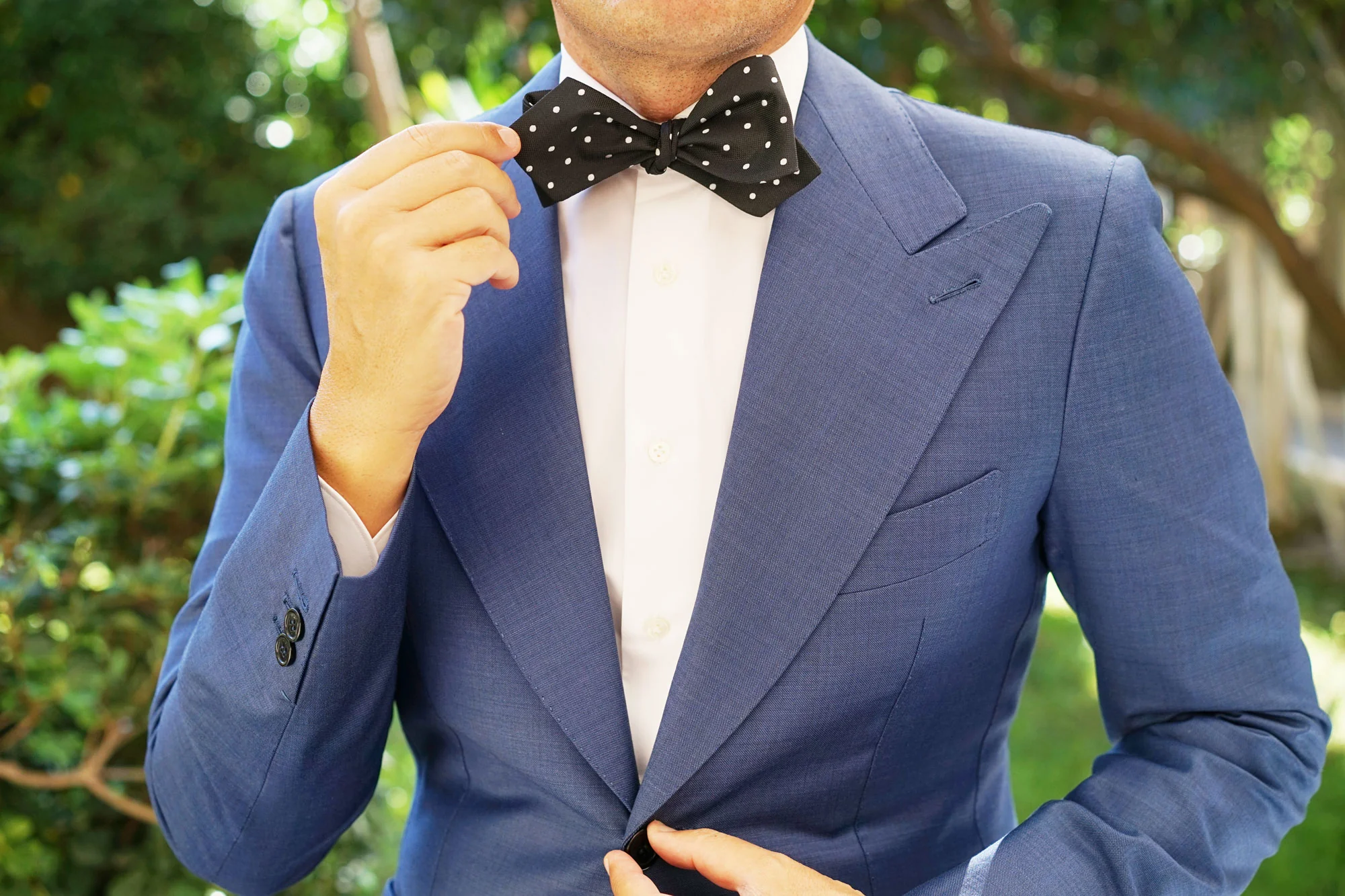 Coal Black with White Polka Dots Self Tie Diamond Tip Bow Tie - Image 10