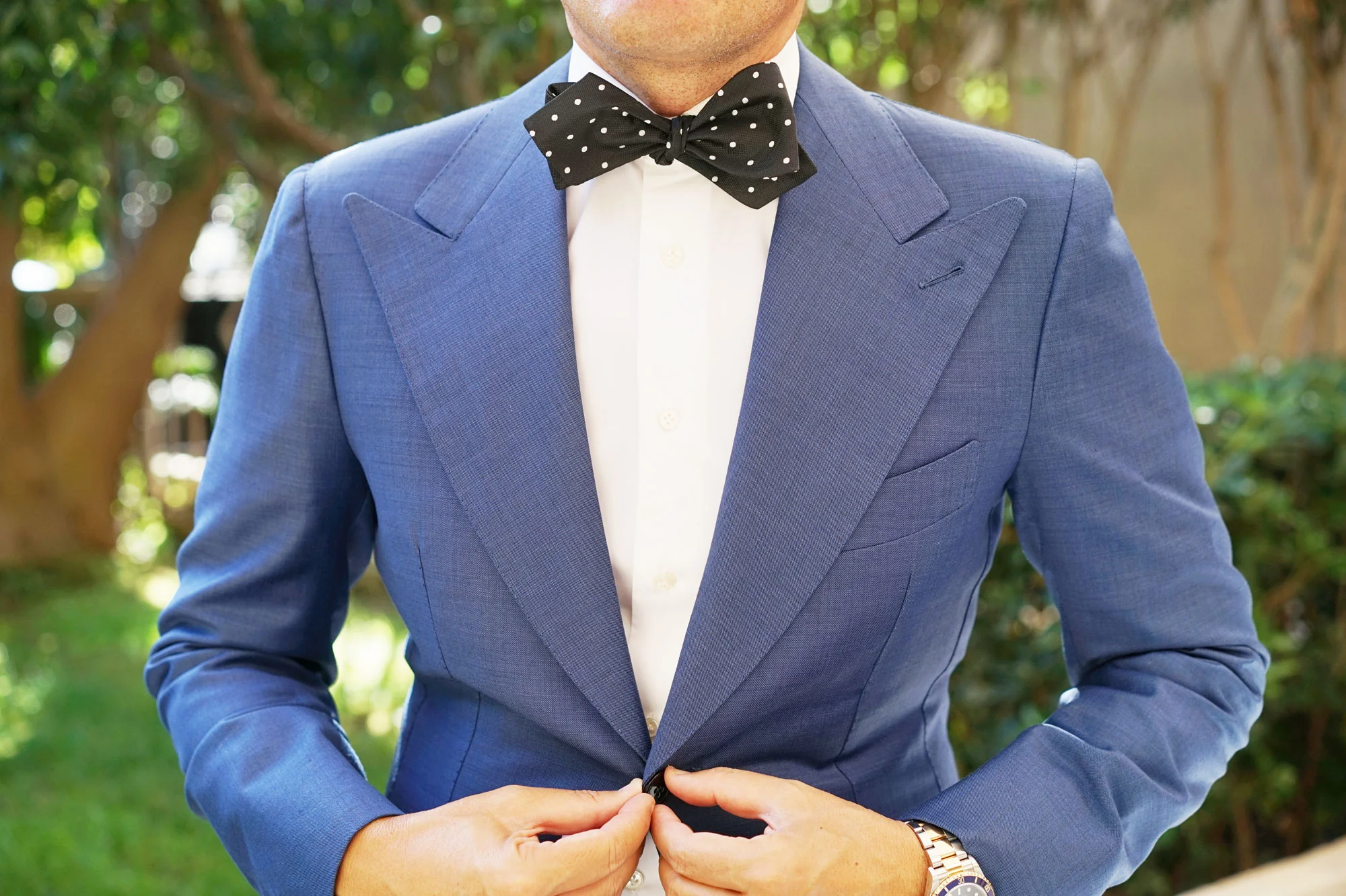 Coal Black with White Polka Dots Self Tie Diamond Tip Bow Tie - Image 9