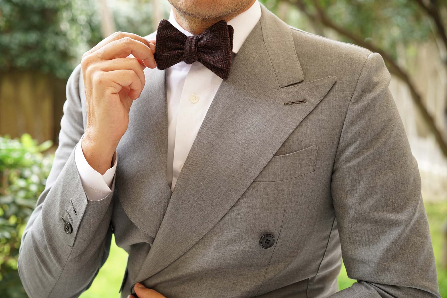 Coffee Herringbone Coarse Wool Self Bow Tie - Image 4
