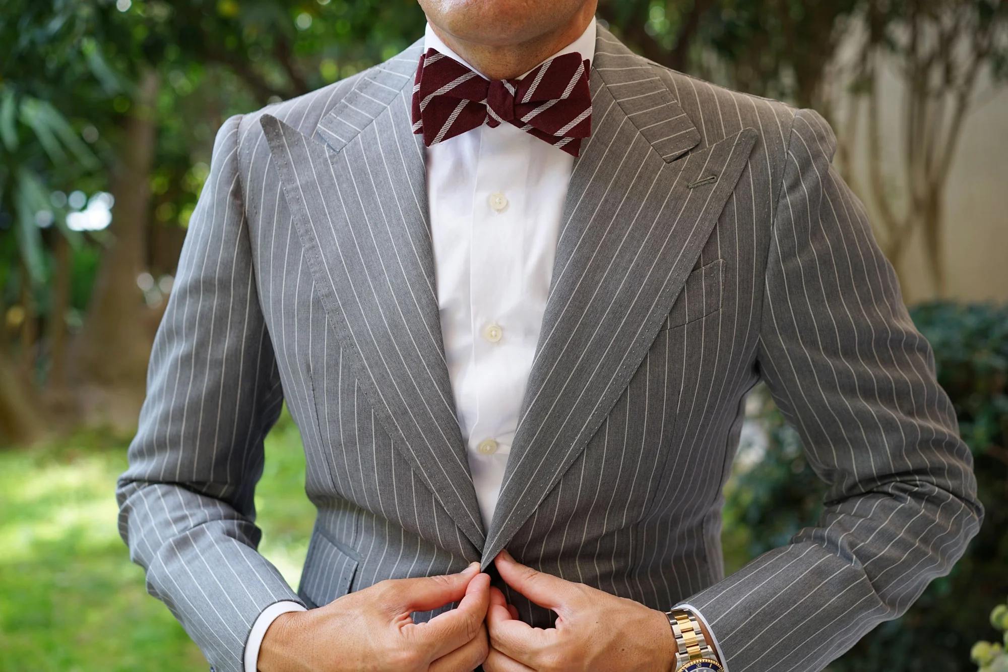 Columbus Burnt Burgundy Stripe Linen Self Bow Tie - Image 4