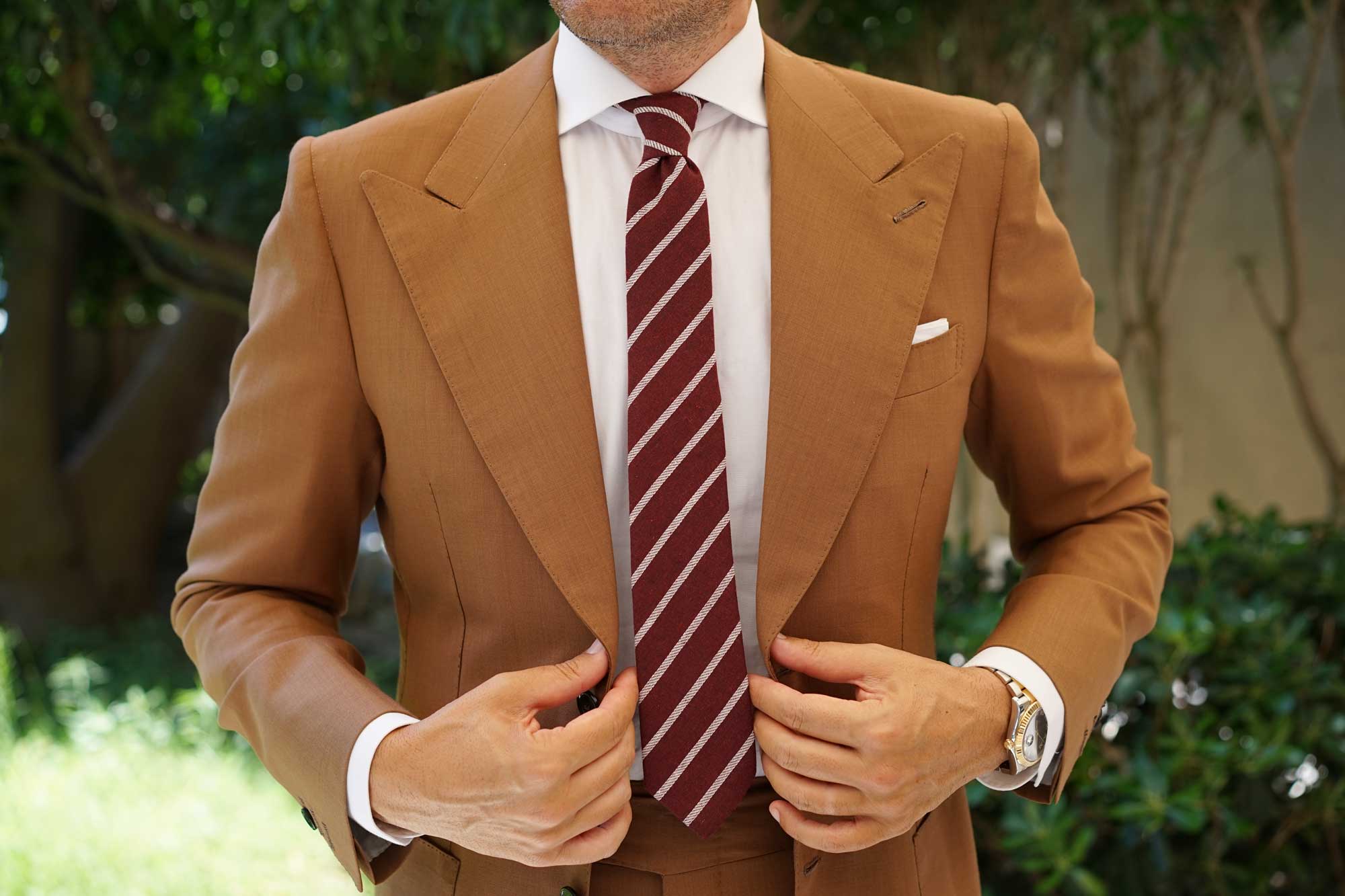 Columbus Burnt Burgundy Stripe Linen Skinny Tie - Image 6