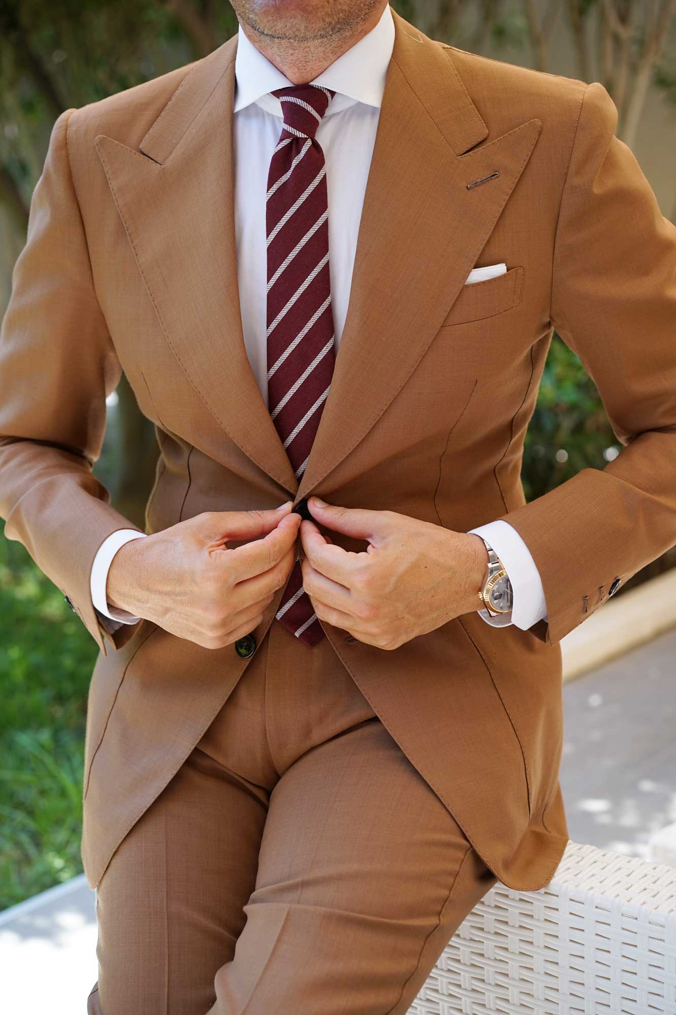 Columbus Burnt Burgundy Stripe Linen Skinny Tie - Image 7