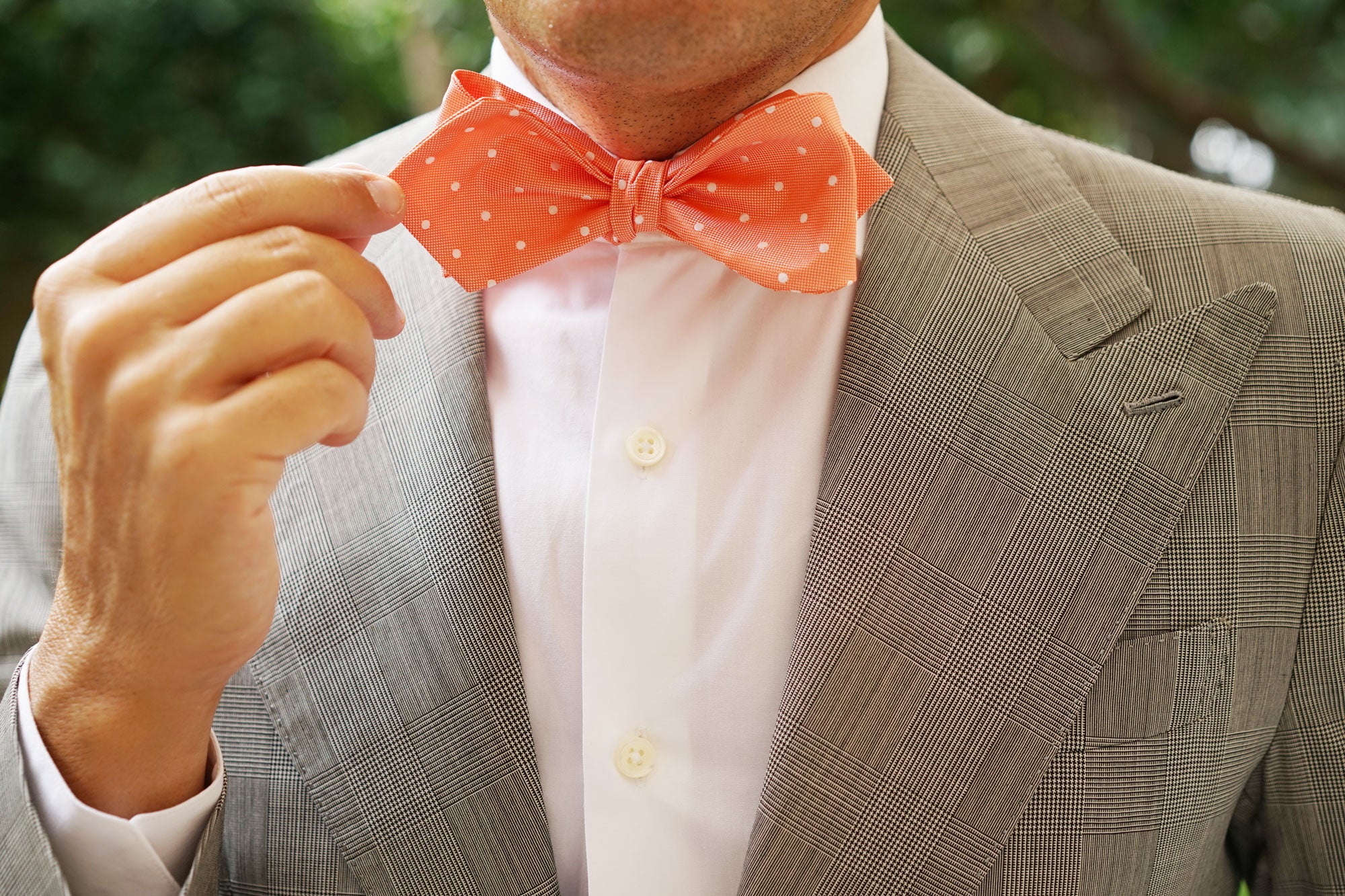Coral Orange with White Polka Dots Self Tie Diamond Tip Bow Tie - Image 10