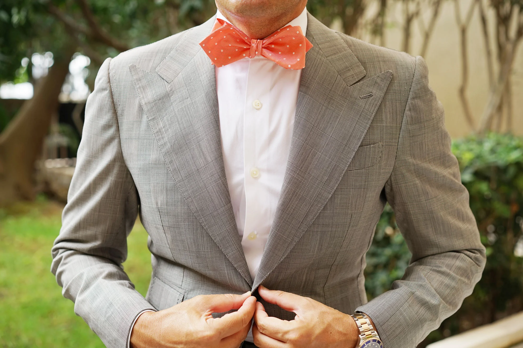 Coral Orange with White Polka Dots Self Tie Diamond Tip Bow Tie - Image 6