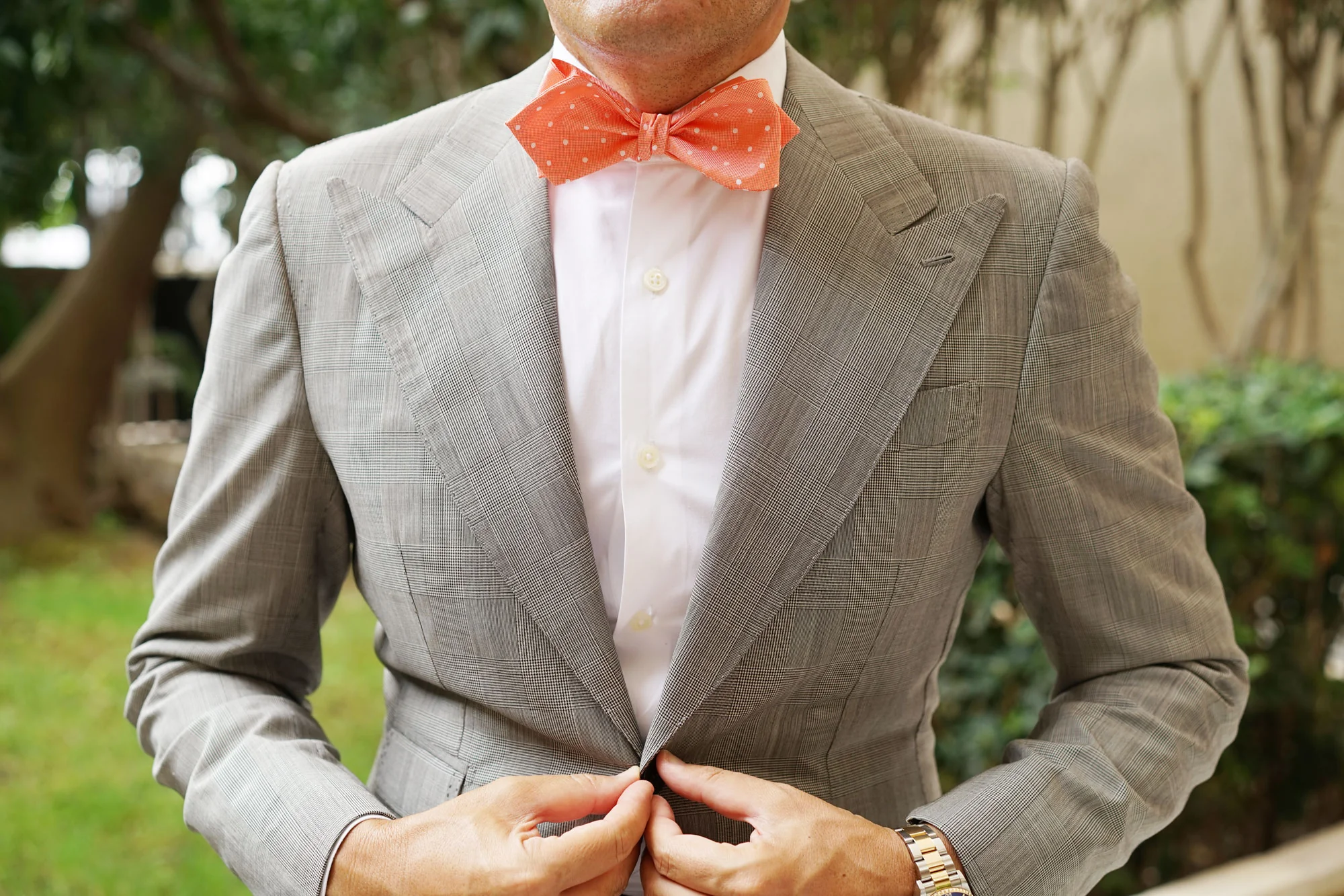 Coral Orange with White Polka Dots Self Tie Diamond Tip Bow Tie - Image 8