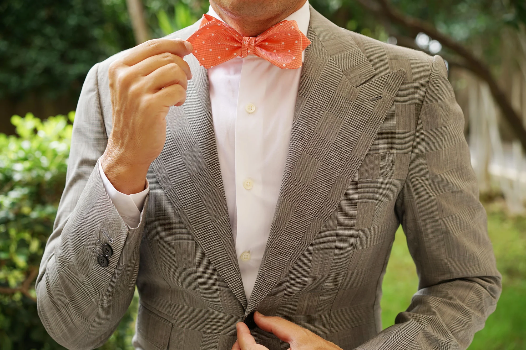 Coral Orange with White Polka Dots Self Tie Diamond Tip Bow Tie - Image 9