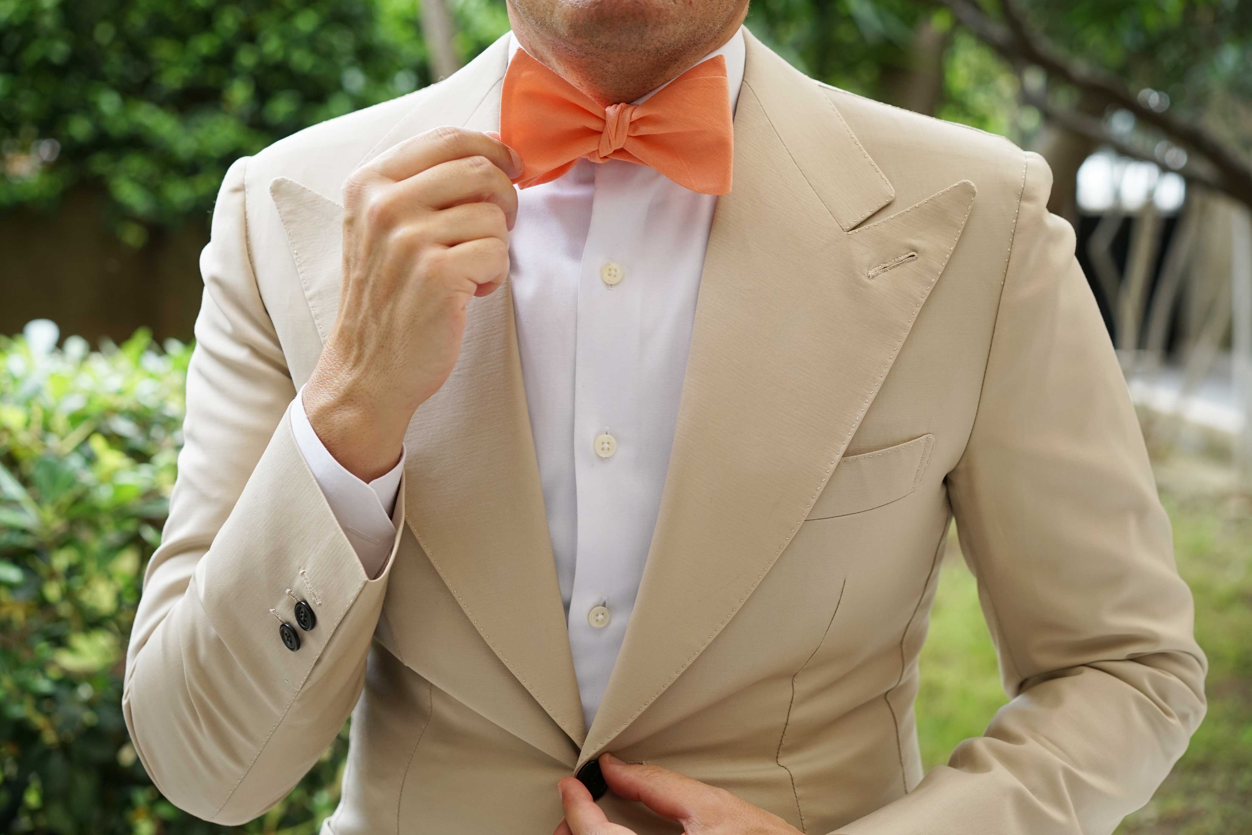 Coral Pink Linen Self Tie Bow Tie - Image 4