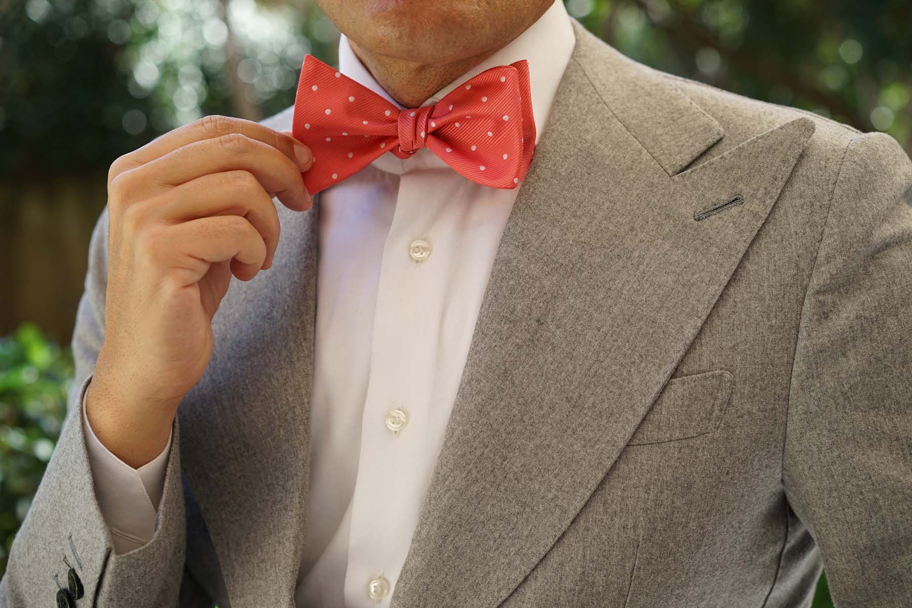 Coral Pink with White Polka Dots Self Tie Bow Tie - Image 7