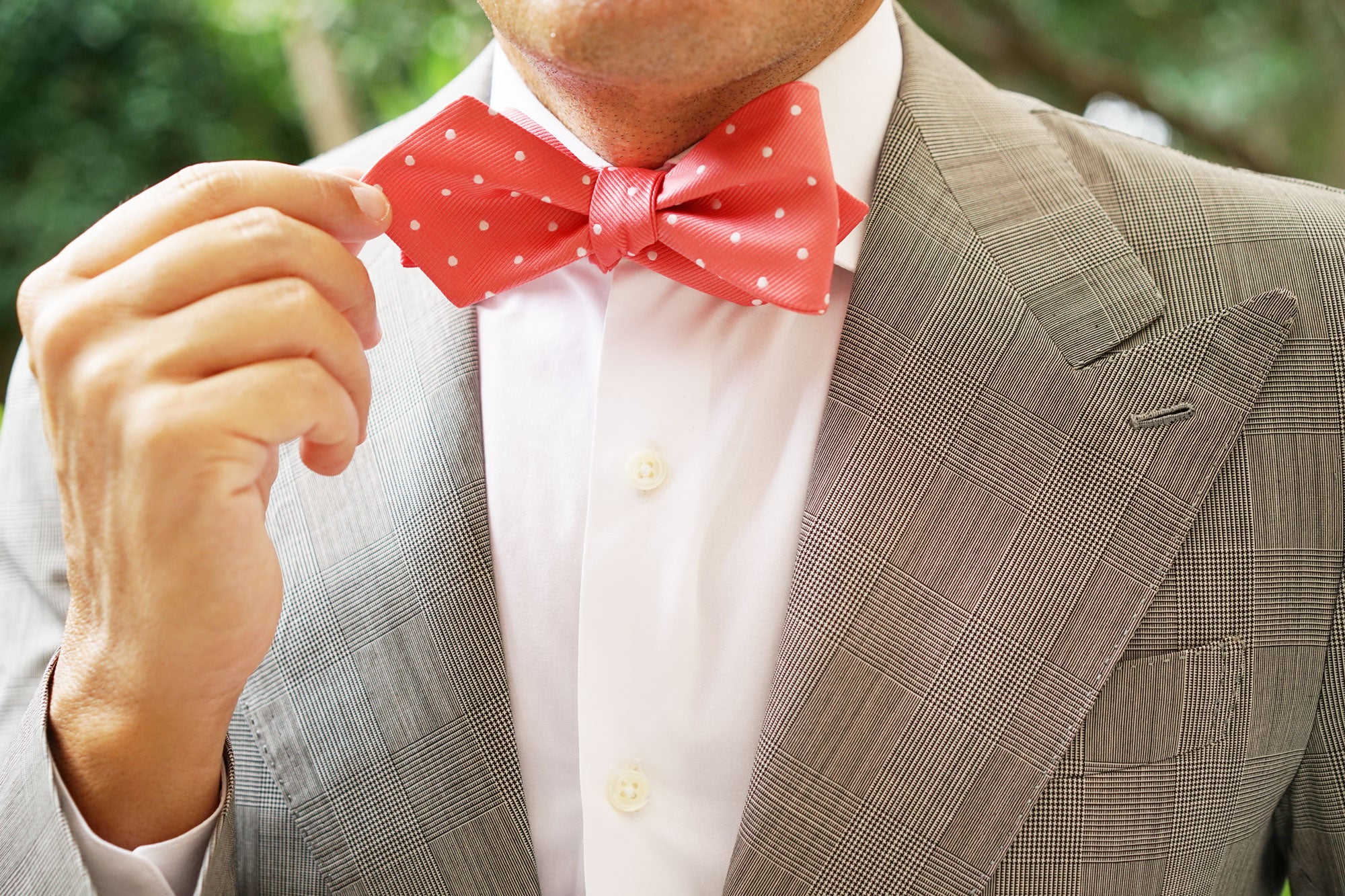 Coral Pink with White Polka Dots Self Tie Diamond Tip Bow Tie - Image 11
