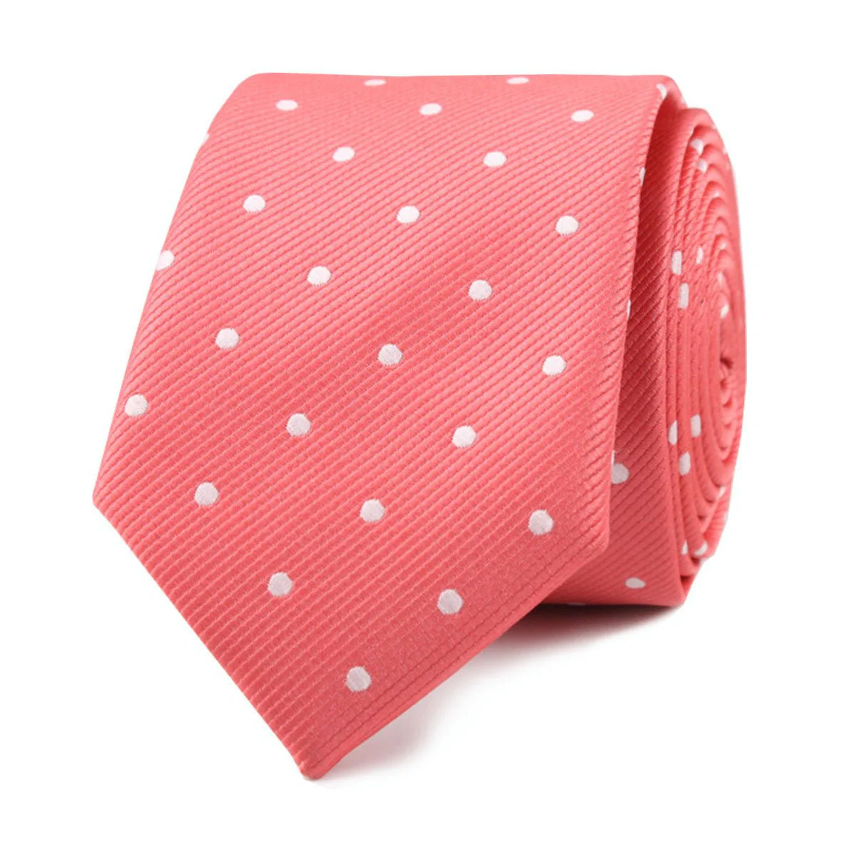 Coral Pink with White Polka Dots Skinny Tie - Image 2