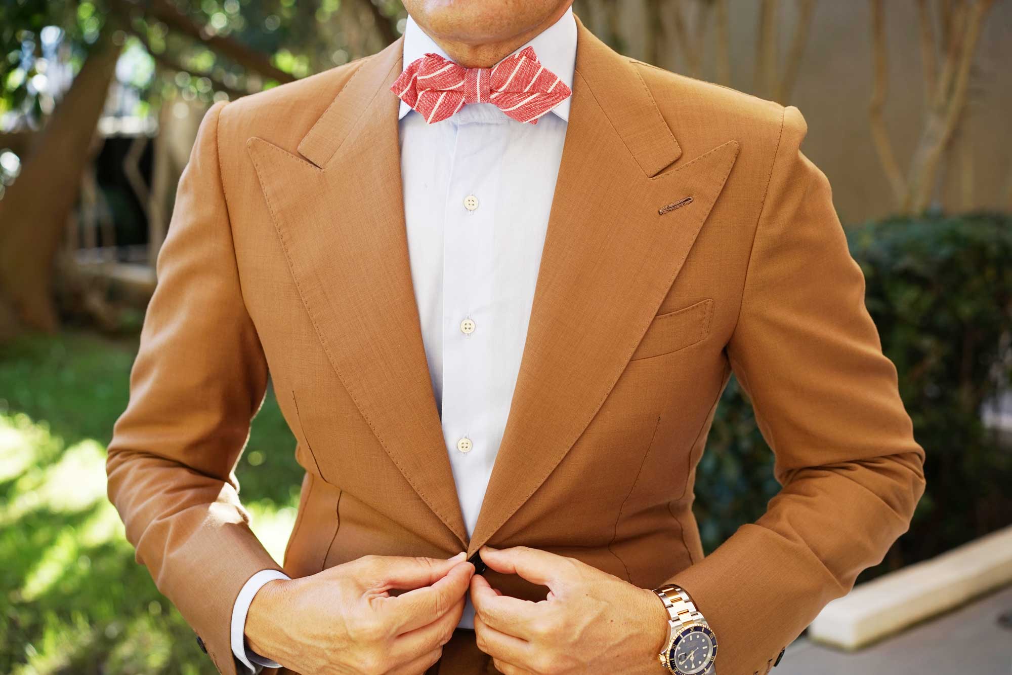 Crimson Red Linen Pinstripe Diamond Bow Tie - Image 3