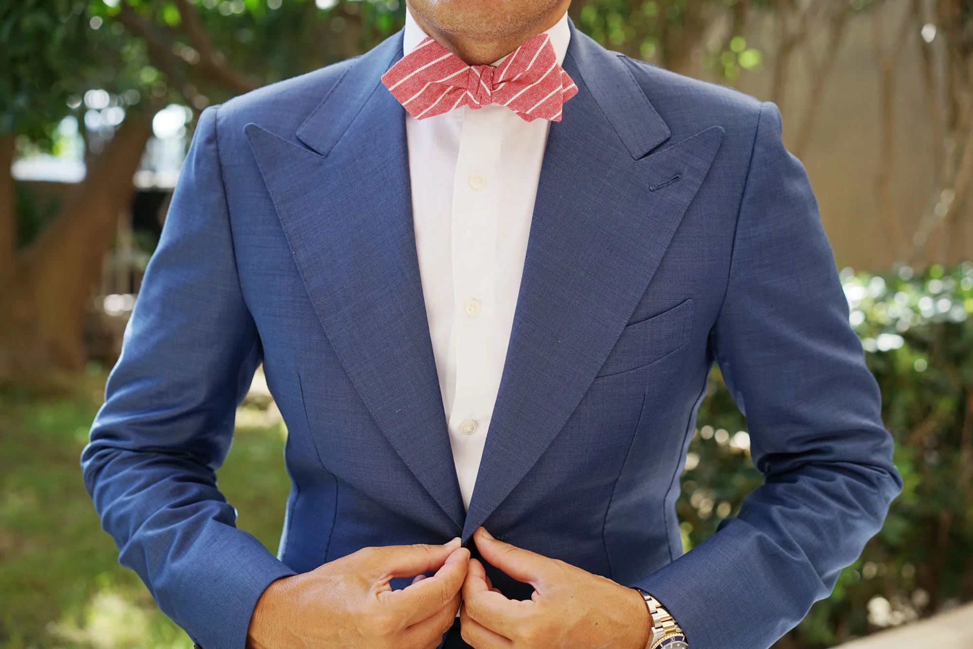 Crimson Red Linen Pinstripe Diamond Self Bow Tie - Image 4