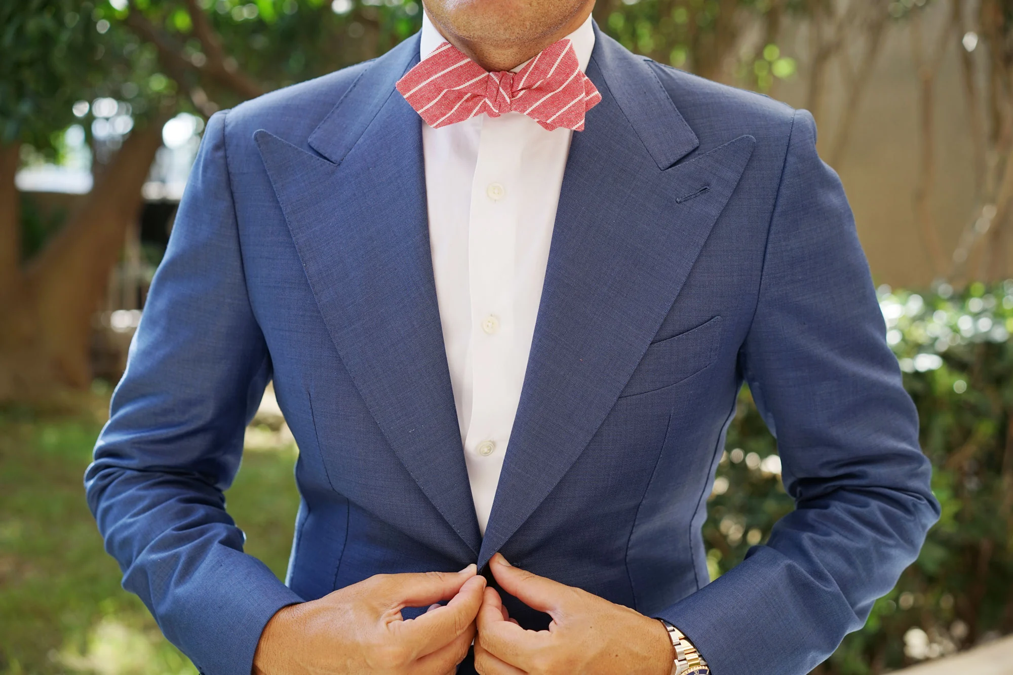Crimson Red Linen Pinstripe Diamond Self Bow Tie - Image 6